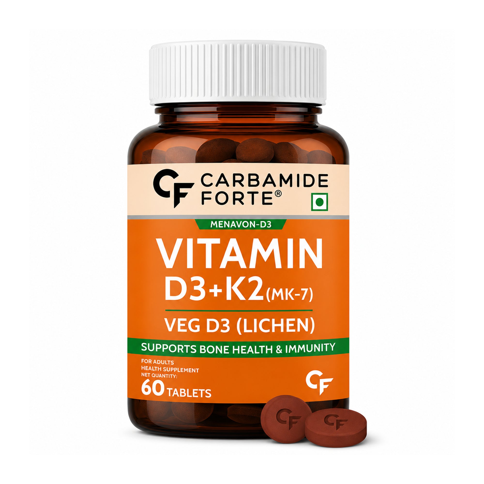 Vitamin D3 + K2 MK-7 Tablets 60 Count | Plant-Based Lichen Vitamin D3 600 IU | 55 mcg Vitamin K2 | Bone & Immune Support | 4 Month Supply | Vegetarian Supplement