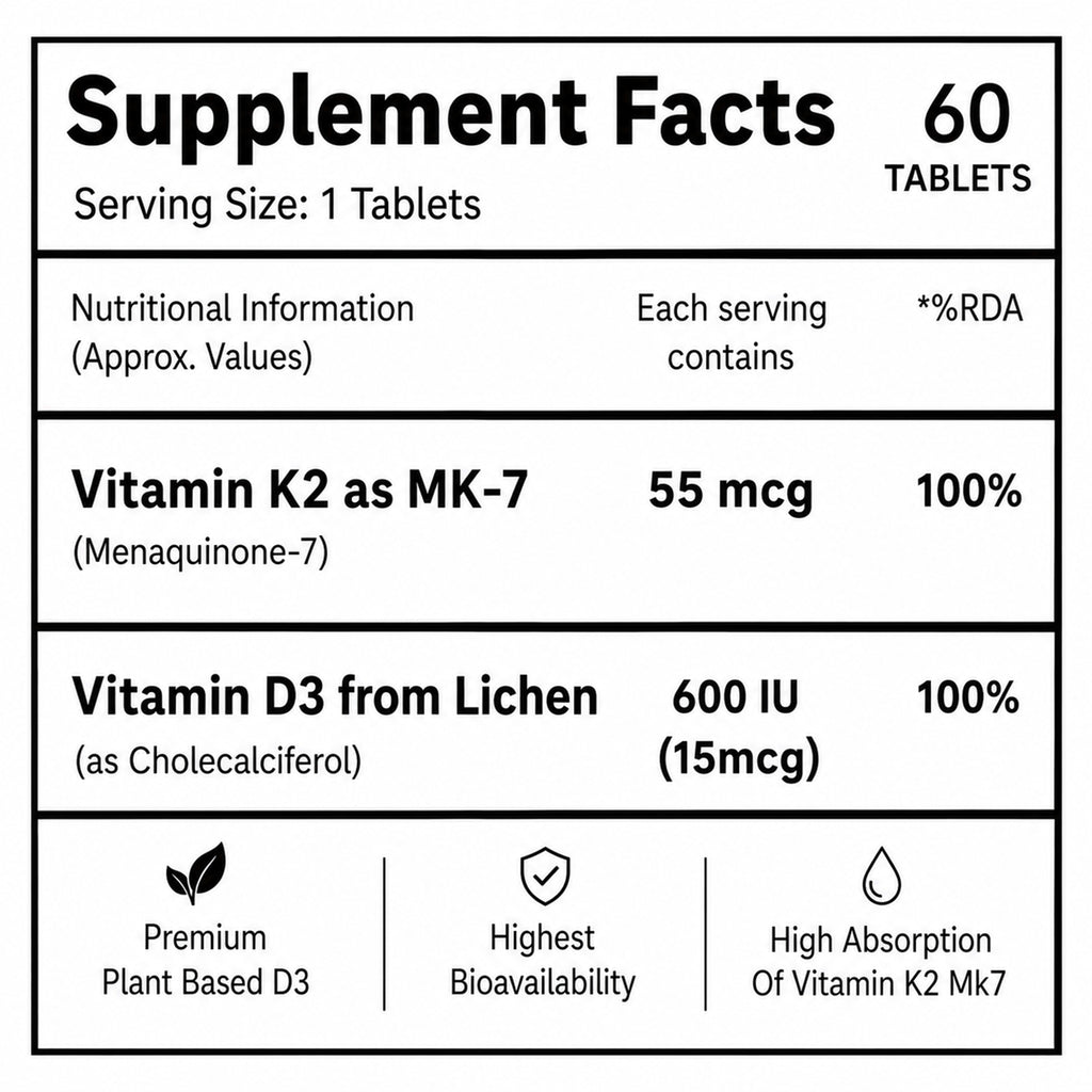 Vitamin D3 + K2 MK-7 Tablets 60 Count | Plant-Based Lichen Vitamin D3 600 IU | 55 mcg Vitamin K2 | Bone & Immune Support | 4 Month Supply | Vegetarian Supplement