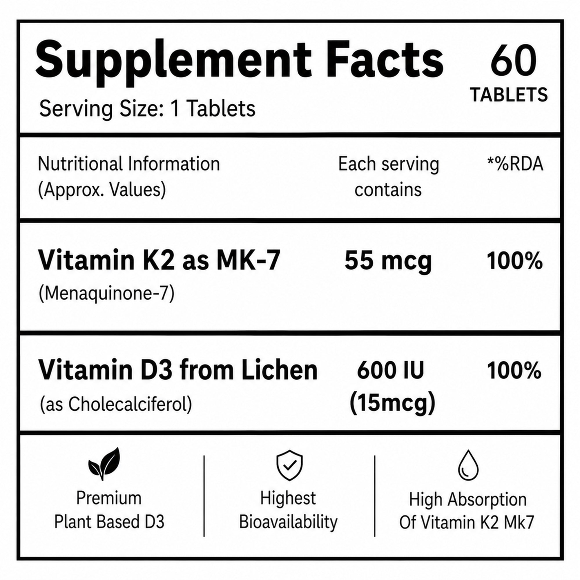 Vitamin D3 + K2 MK-7 Tablets 60 Count | Plant-Based Lichen Vitamin D3 600 IU | 55 mcg Vitamin K2 | Bone & Immune Support | 4 Month Supply | Vegetarian Supplement