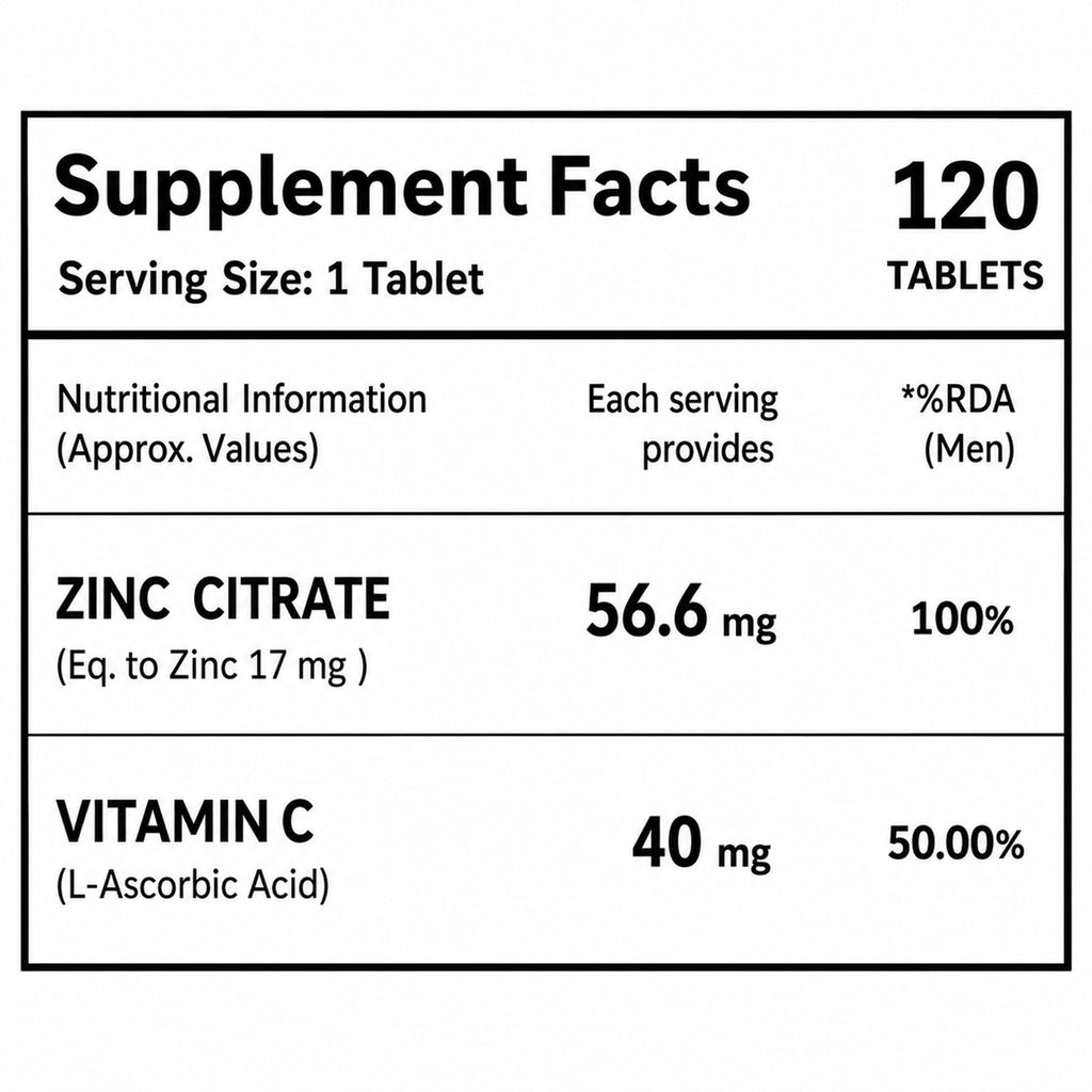 Zinc Citrate 17mg + Vitamin C 40mg Tablets | 100% RDA Zinc Supplement for Men & Women | Immune Support & Skin Health | Vegetarian | 120 Tablets