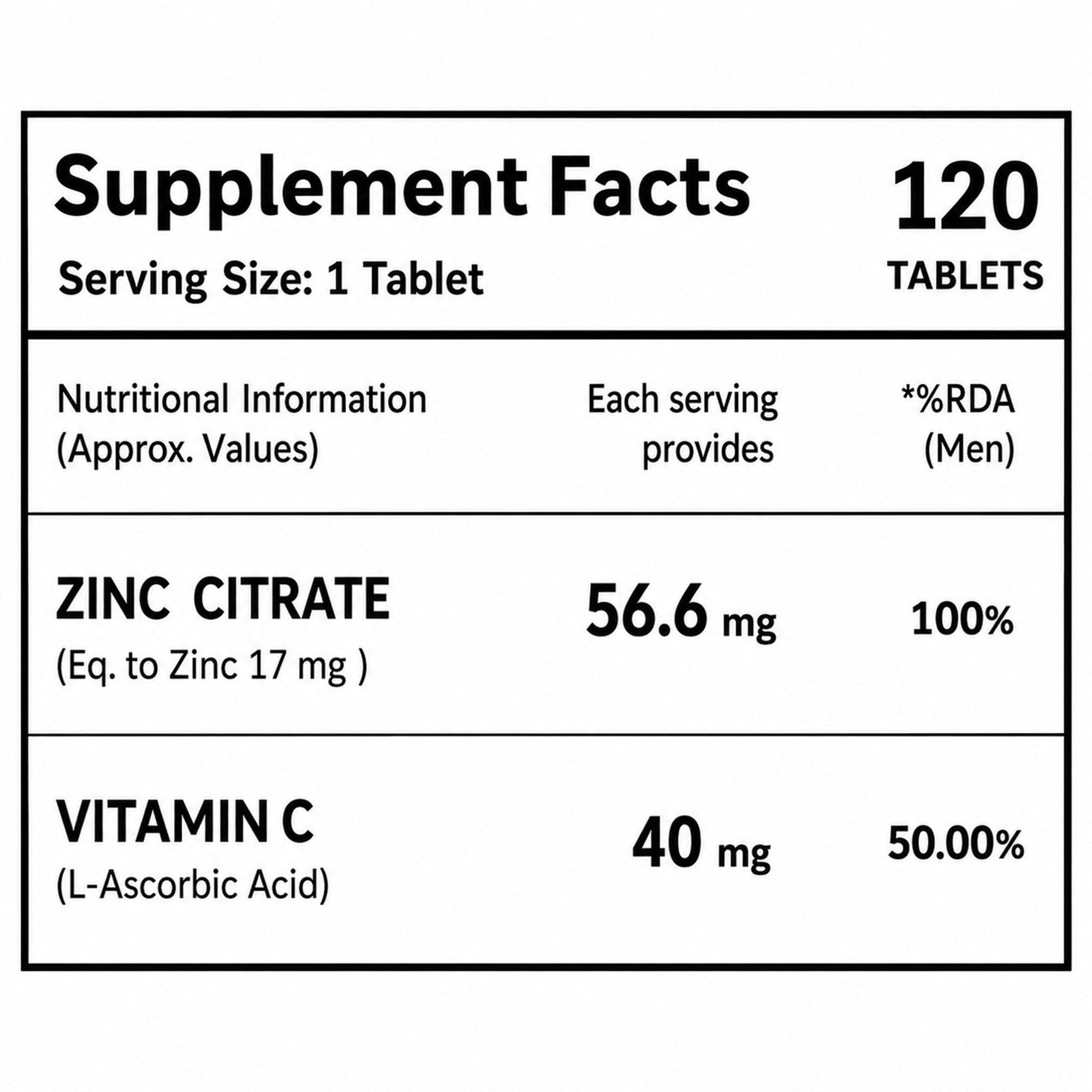 Zinc Citrate 17mg + Vitamin C 40mg Tablets | 100% RDA Zinc Supplement for Men & Women | Immune Support & Skin Health | Vegetarian | 120 Tablets