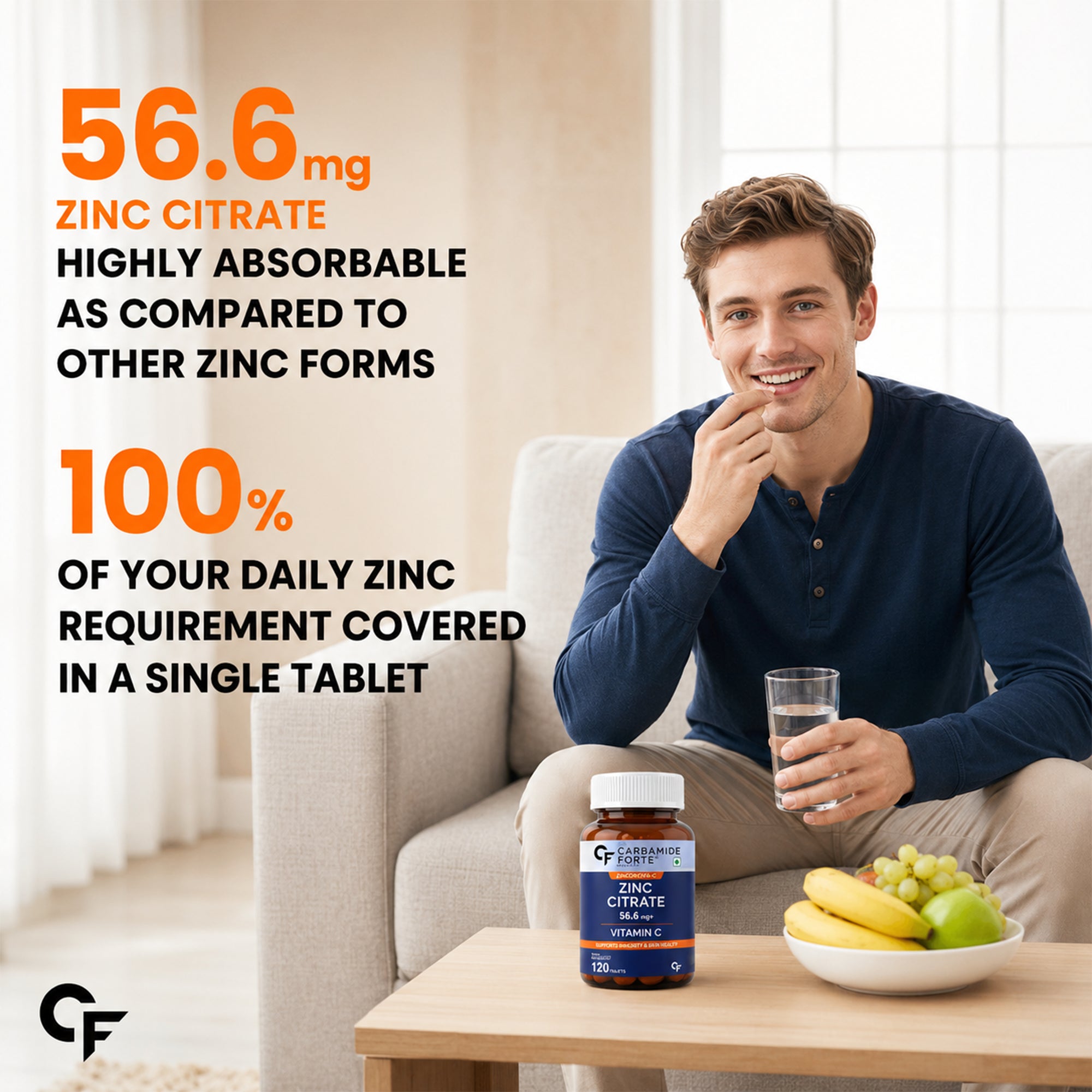Zinc Citrate 17mg + Vitamin C 40mg Tablets | 100% RDA Zinc Supplement for Men & Women | Immune Support & Skin Health | Vegetarian | 120 Tablets