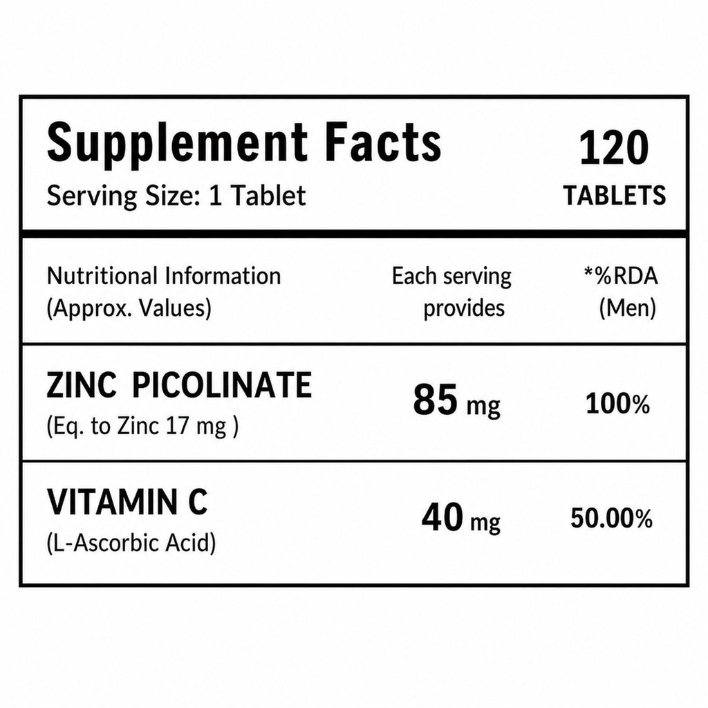 Zinc Picolinate 85mg with Vitamin C | High Absorption Zinc Supplement | 17mg Elemental Zinc | Immune, Skin & Cellular Health Support | 120 Vegetarian Tablets | Men & Women