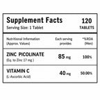 Zinc Picolinate 85mg with Vitamin C | High Absorption Zinc Supplement | 17mg Elemental Zinc | Immune, Skin & Cellular Health Support | 120 Vegetarian Tablets | Men & Women