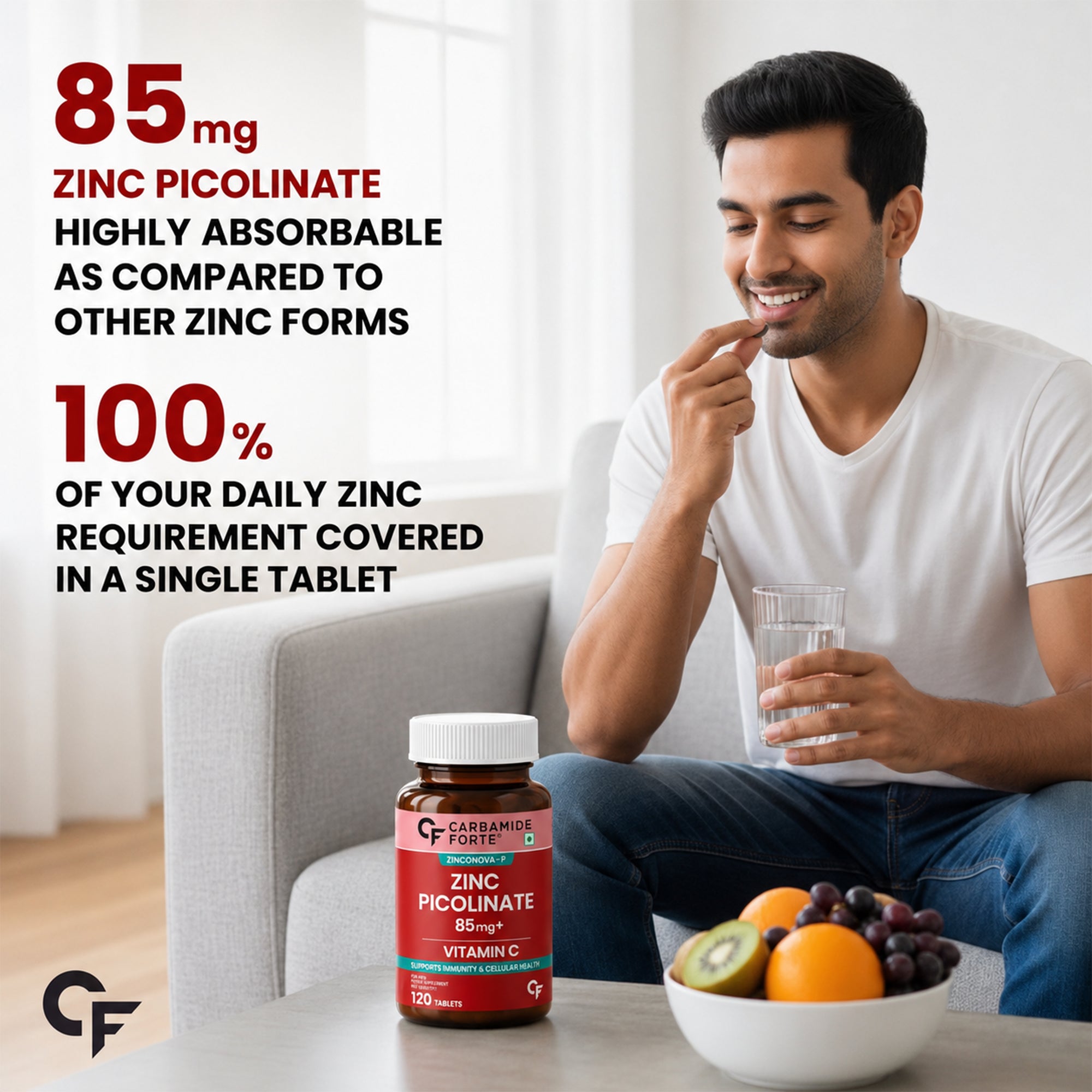 Zinc Picolinate 85mg with Vitamin C | High Absorption Zinc Supplement | 17mg Elemental Zinc | Immune, Skin & Cellular Health Support | 120 Vegetarian Tablets | Men & Women