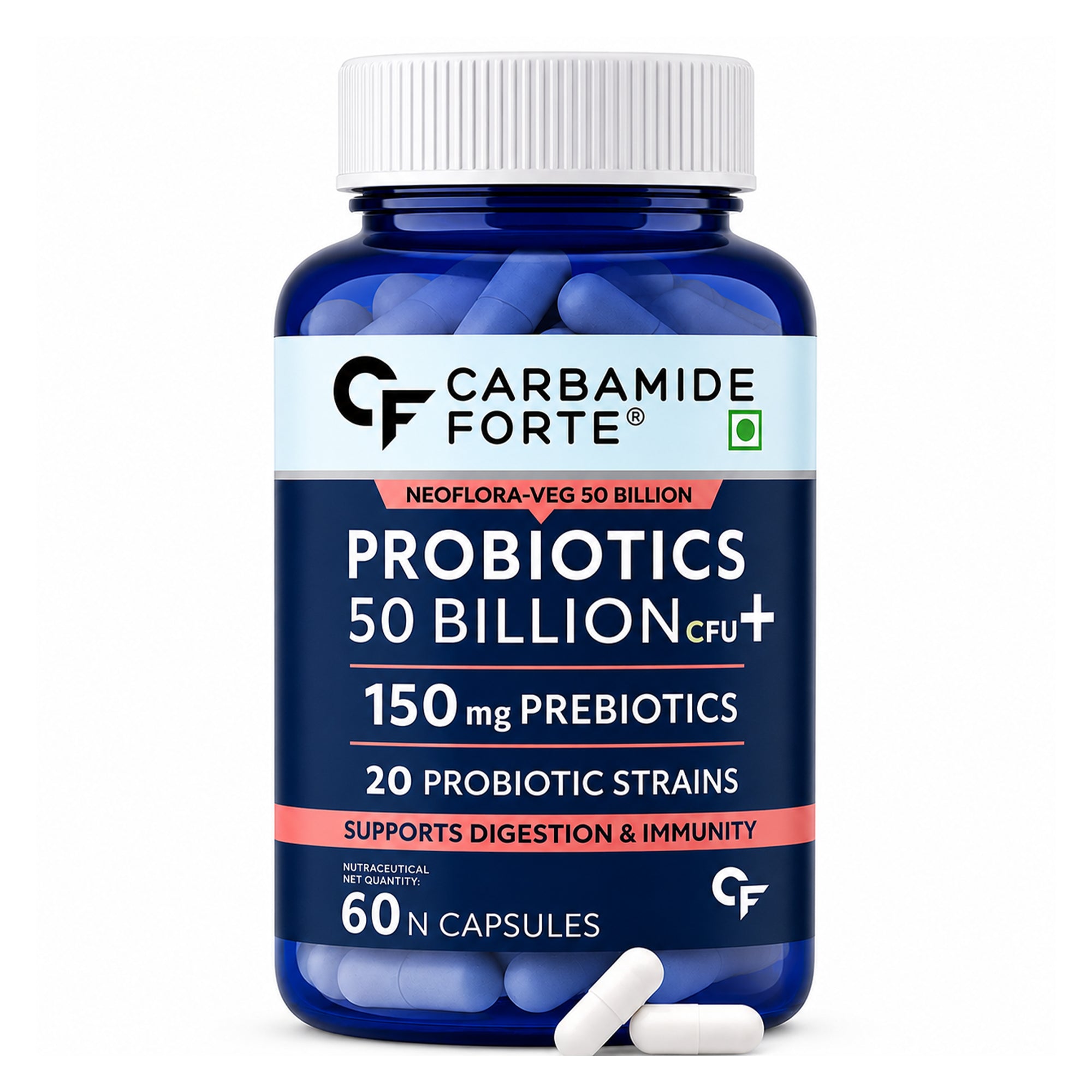 50 Billion CFU Probiotic Supplement with Prebiotics | 20 Probiotic Strains + 150mg FOS | Gut Health & Digestive Support | Shelf Stable | 60 Vegetarian Capsules