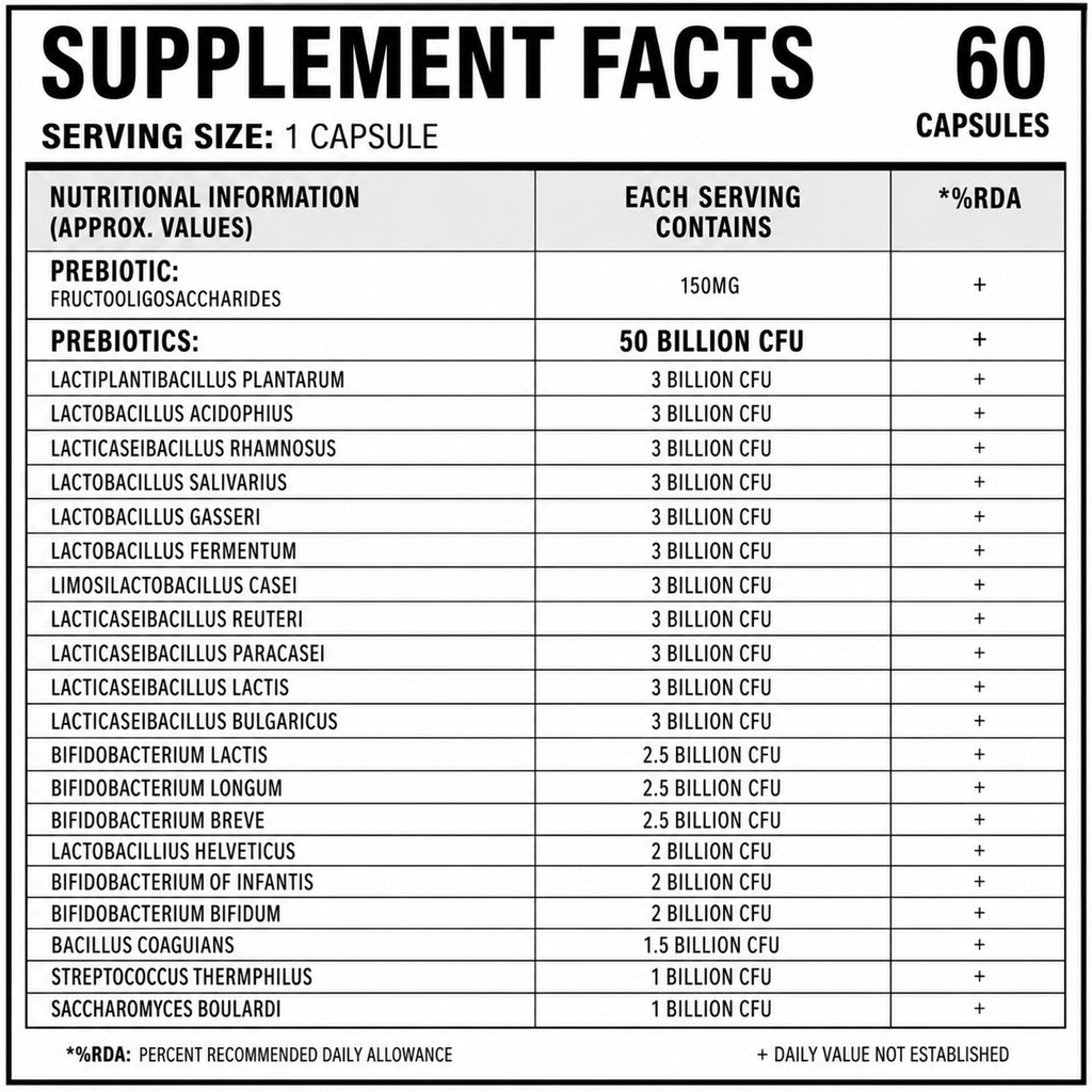 50 Billion CFU Probiotic Supplement with Prebiotics | 20 Probiotic Strains + 150mg FOS | Gut Health & Digestive Support | Shelf Stable | 60 Vegetarian Capsules