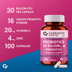 30 Billion CFU Probiotic Capsules with 16 Strains, Prebiotics, Vitamin C & Zinc – Gut Health & Digestive Support Supplement – 100 Vegetarian Capsules
