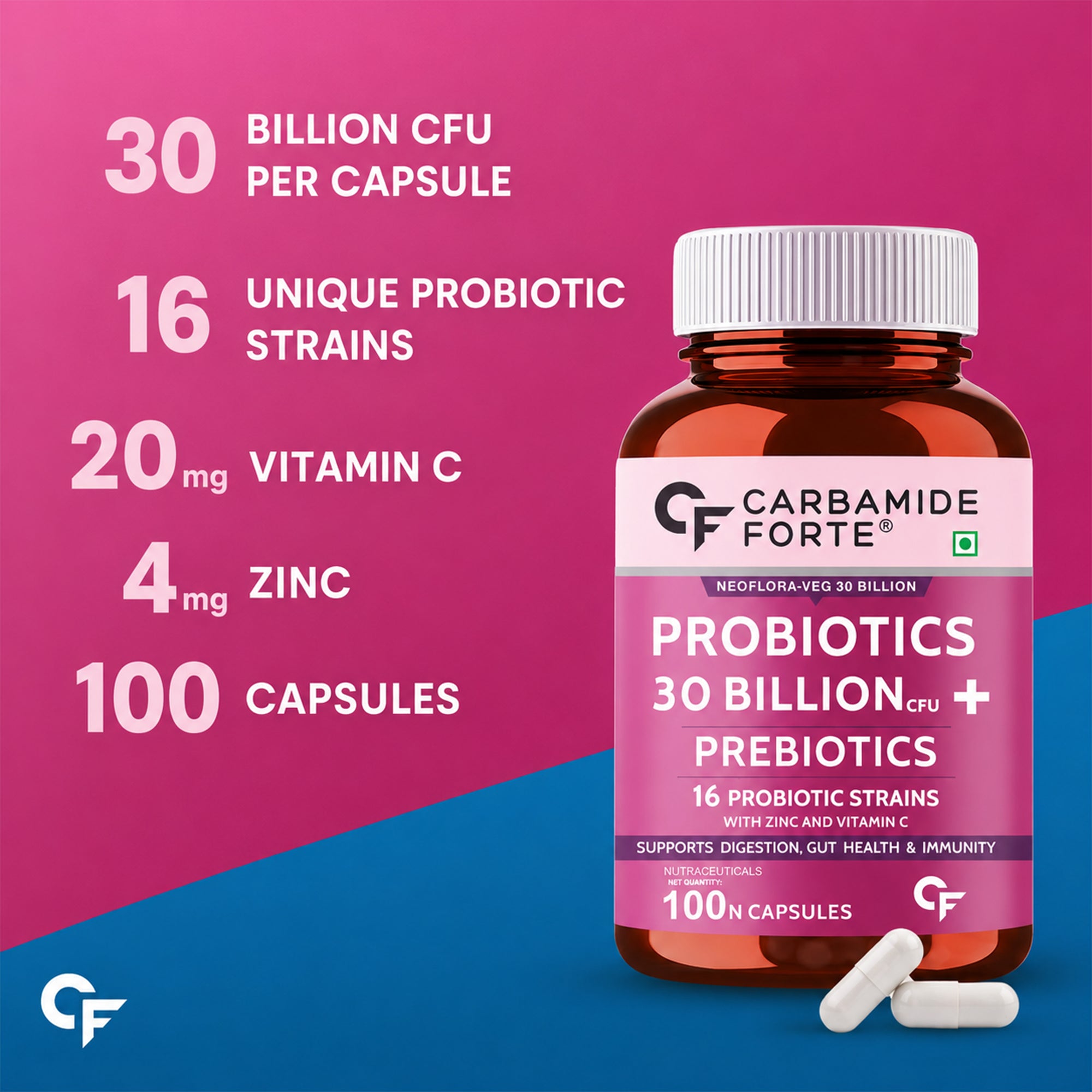 30 Billion CFU Probiotic Capsules with 16 Strains, Prebiotics, Vitamin C & Zinc – Gut Health & Digestive Support Supplement – 100 Vegetarian Capsules