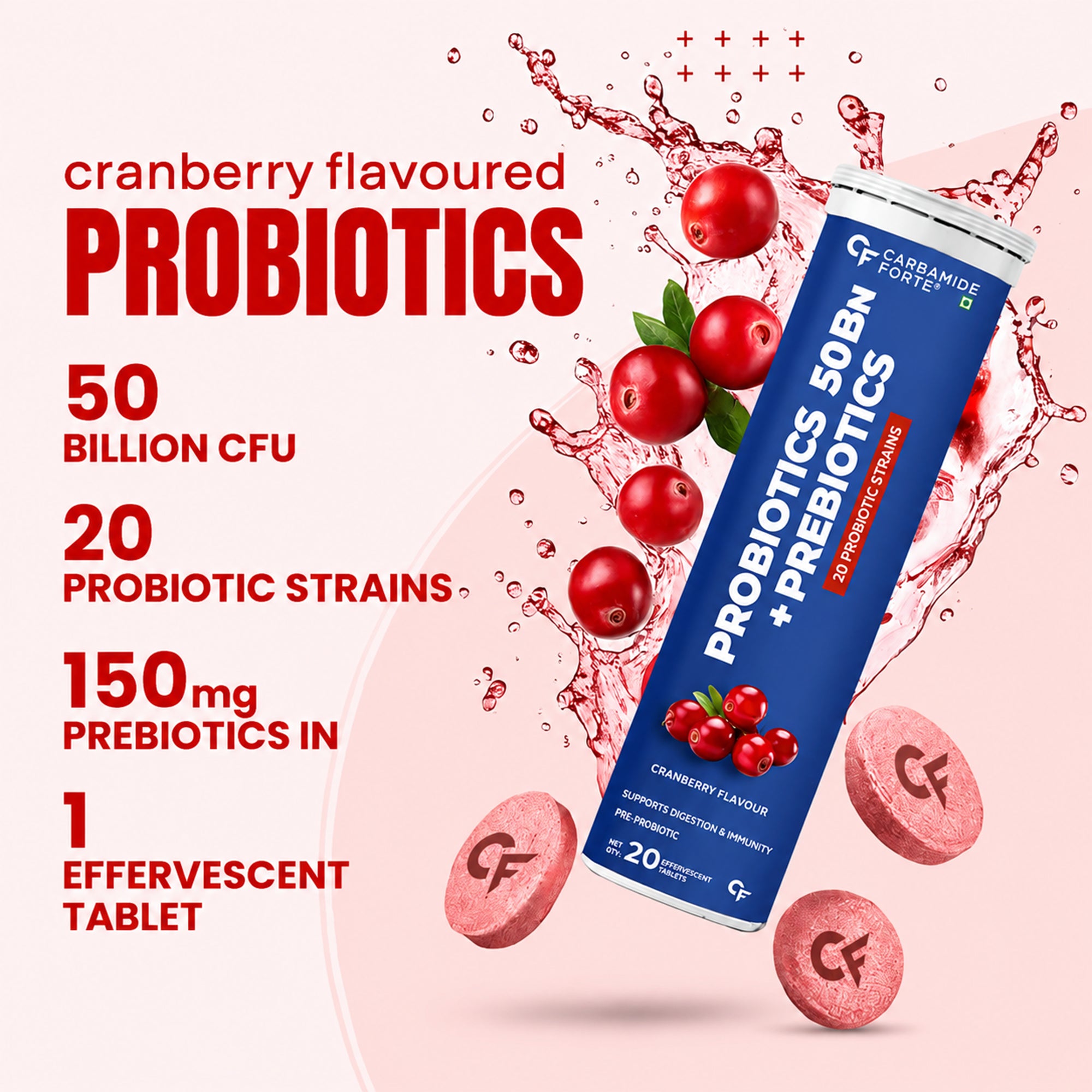 50 Billion CFU Probiotic + Prebiotic Effervescent Tablets | 20 Probiotic Strains with 150mg FOS | Cranberry Flavor | Gut & Digestive Health Supplement | 20 Tablets
