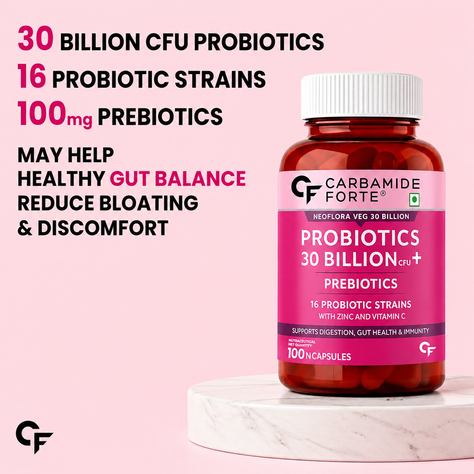 30 Billion CFU Probiotic Capsules with 16 Strains, Prebiotics, Vitamin C & Zinc – Gut Health & Digestive Support Supplement – 60 Vegetarian Capsules