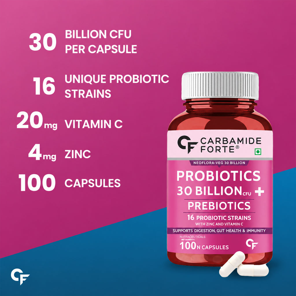 30 Billion CFU Probiotic Capsules with 16 Strains, Prebiotics, Vitamin C & Zinc – Gut Health & Digestive Support Supplement – 60 Vegetarian Capsules
