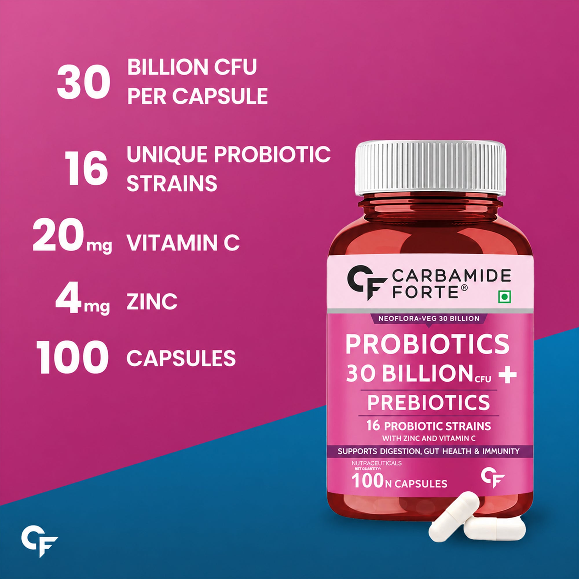 30 Billion CFU Probiotic Capsules with 16 Strains, Prebiotics, Vitamin C & Zinc – Gut Health & Digestive Support Supplement – 60 Vegetarian Capsules