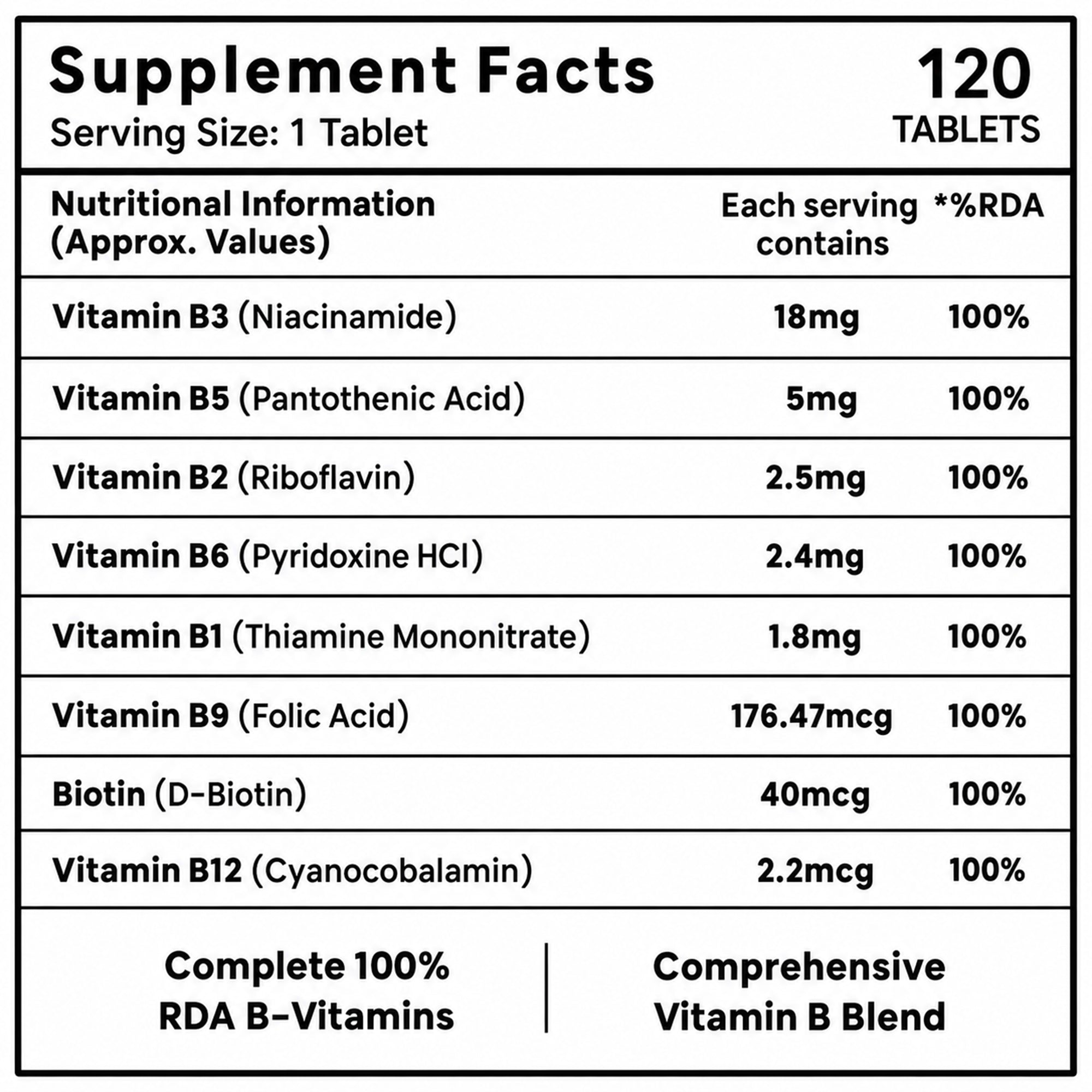 Vitamin B Complex 120 Tablets | 8 Essential B Vitamins with Biotin, B12 & Folic Acid | 100% RDA | Energy Metabolism, Skin, Hair, Nails & Nervous System Support | Vegetarian