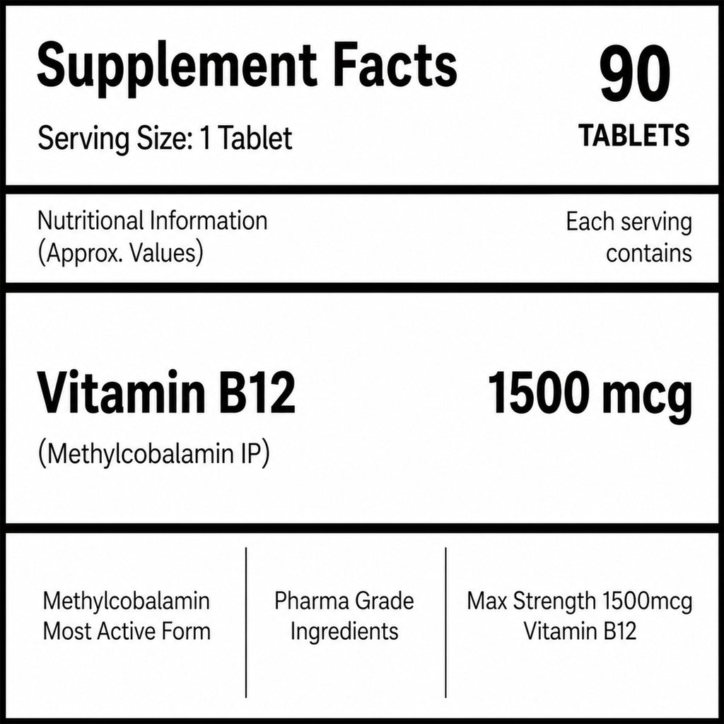 Vitamin B12 1500mcg (Methylcobalamin) Tablets 90 Count | Active B12 Supplement for Energy, Nervous System & Brain Support | Vegetarian