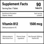 Vitamin B12 1500mcg (Methylcobalamin) Tablets 90 Count | Active B12 Supplement for Energy, Nervous System & Brain Support | Vegetarian