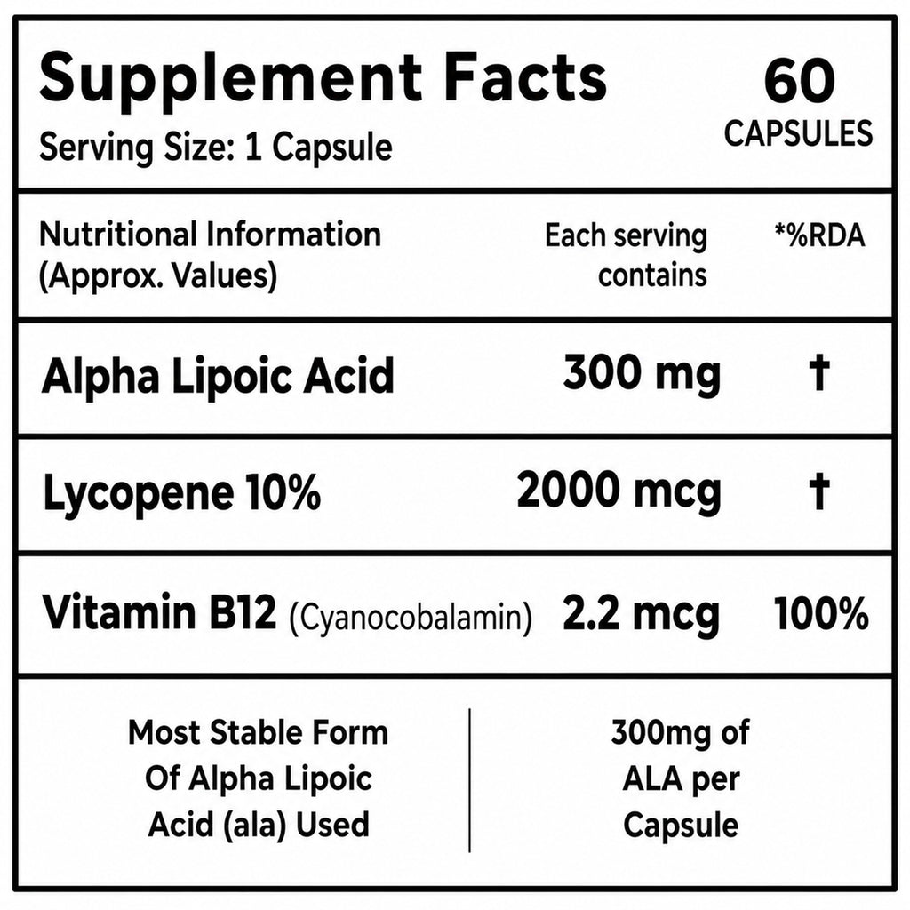 Alpha Lipoic Acid 300mg with Vitamin B12 & Lycopene | Antioxidant & Energy Support Supplement | 60 Capsules