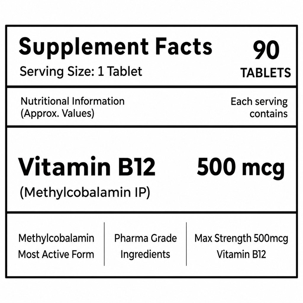 Vitamin B12 500mcg (Methylcobalamin) Tablets - High Strength Active B12 Supplement for Energy, Nerve & Brain Support - Vegetarian - 90 Tablets