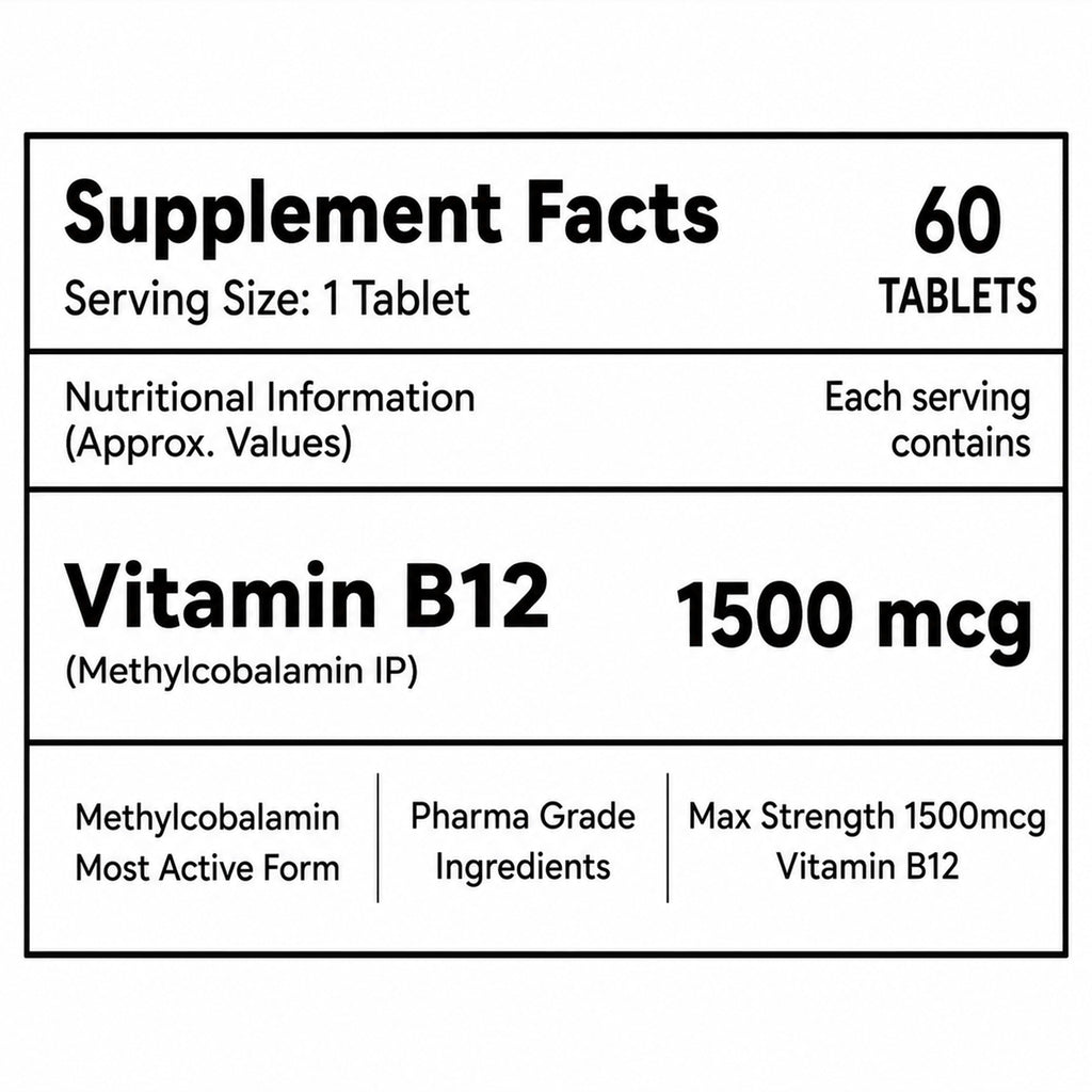 Vitamin B12 1500mcg (Methylcobalamin) Tablets 60 Count | Active B12 Supplement for Energy, Nervous System & Brain Support | Vegetarian