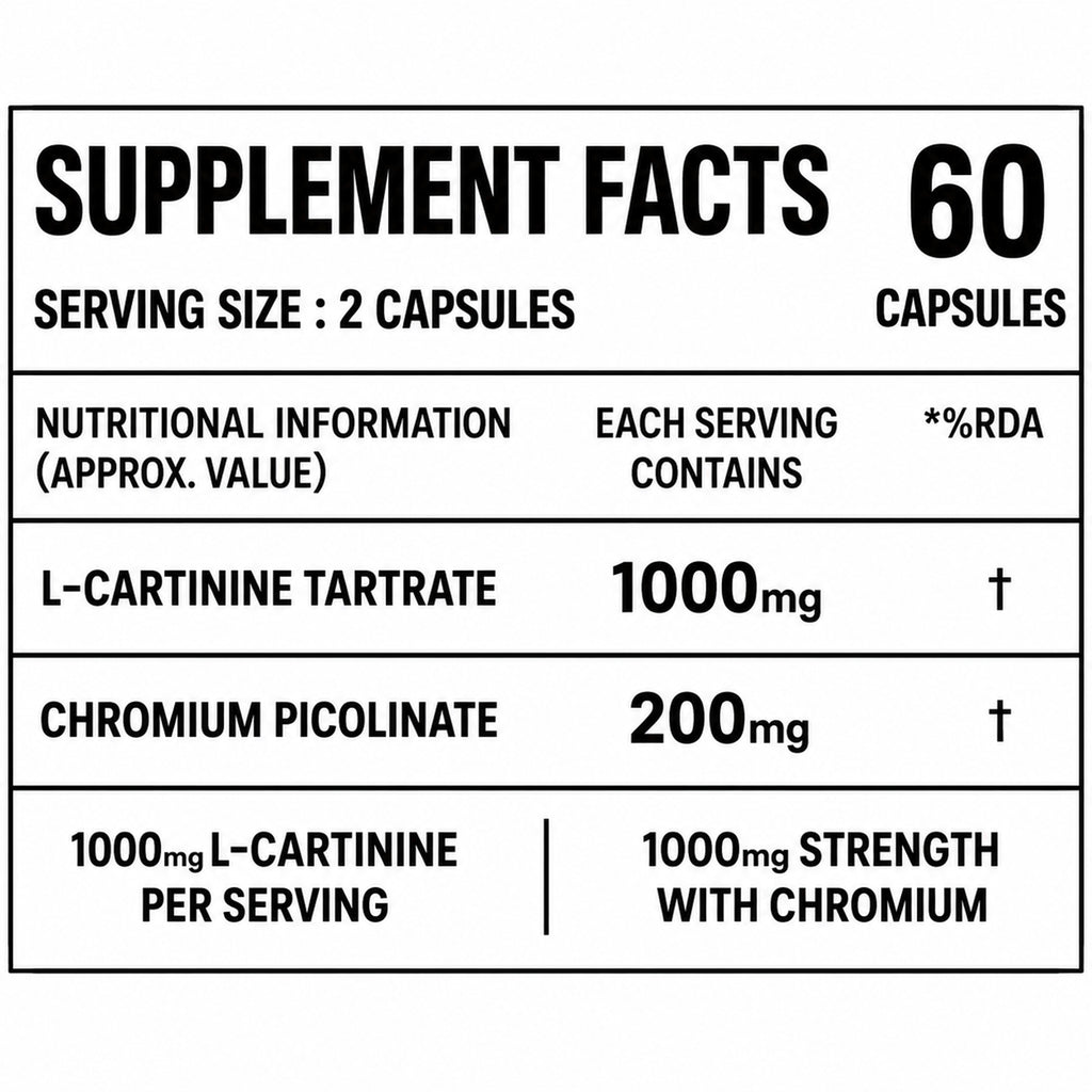 L-Carnitine L-Tartrate 1000mg Capsules with Chromium Picolinate | Pre & Post Workout Supplement for Energy, Fat Metabolism, Stamina & Recovery | 100% Vegetarian | 60 Capsules