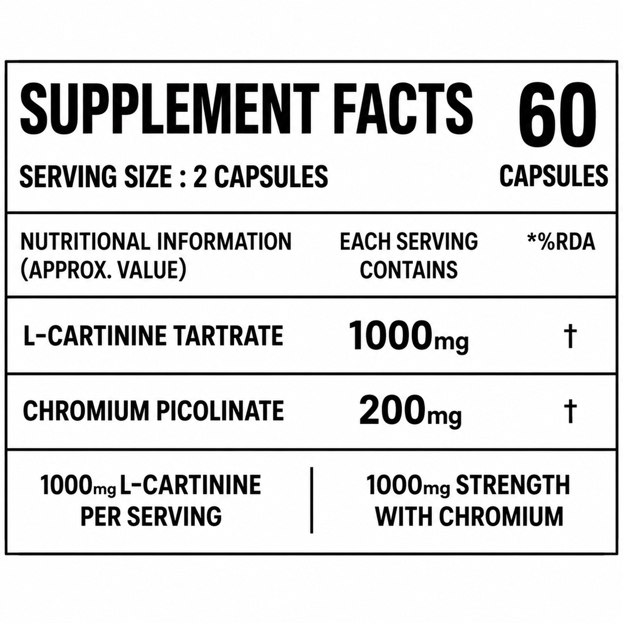 L-Carnitine L-Tartrate 1000mg Capsules with Chromium Picolinate | Pre & Post Workout Supplement for Energy, Fat Metabolism, Stamina & Recovery | 100% Vegetarian | 60 Capsules