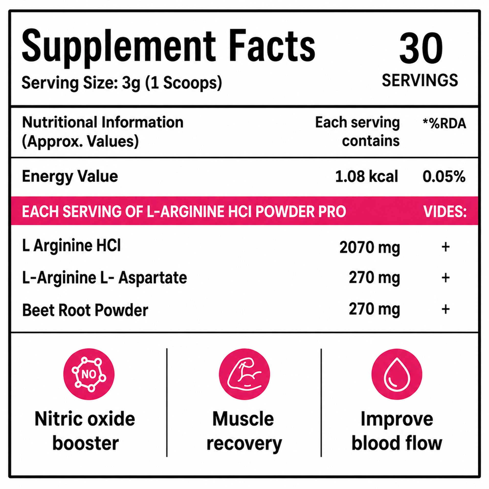 L-Arginine HCl Powder 3000mg with Beet Root Powder | Nitric Oxide & Workout Support | Masala Watermelon Flavour | 90g (30 Servings)