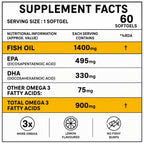 Triple Strength Omega 3 Fish Oil 1400mg, 900mg Omega-3, 495mg EPA & 330mg DHA, Lemon Flavour, No Fishy Burps, Heart Joint & Skin Support, 60 Softgels