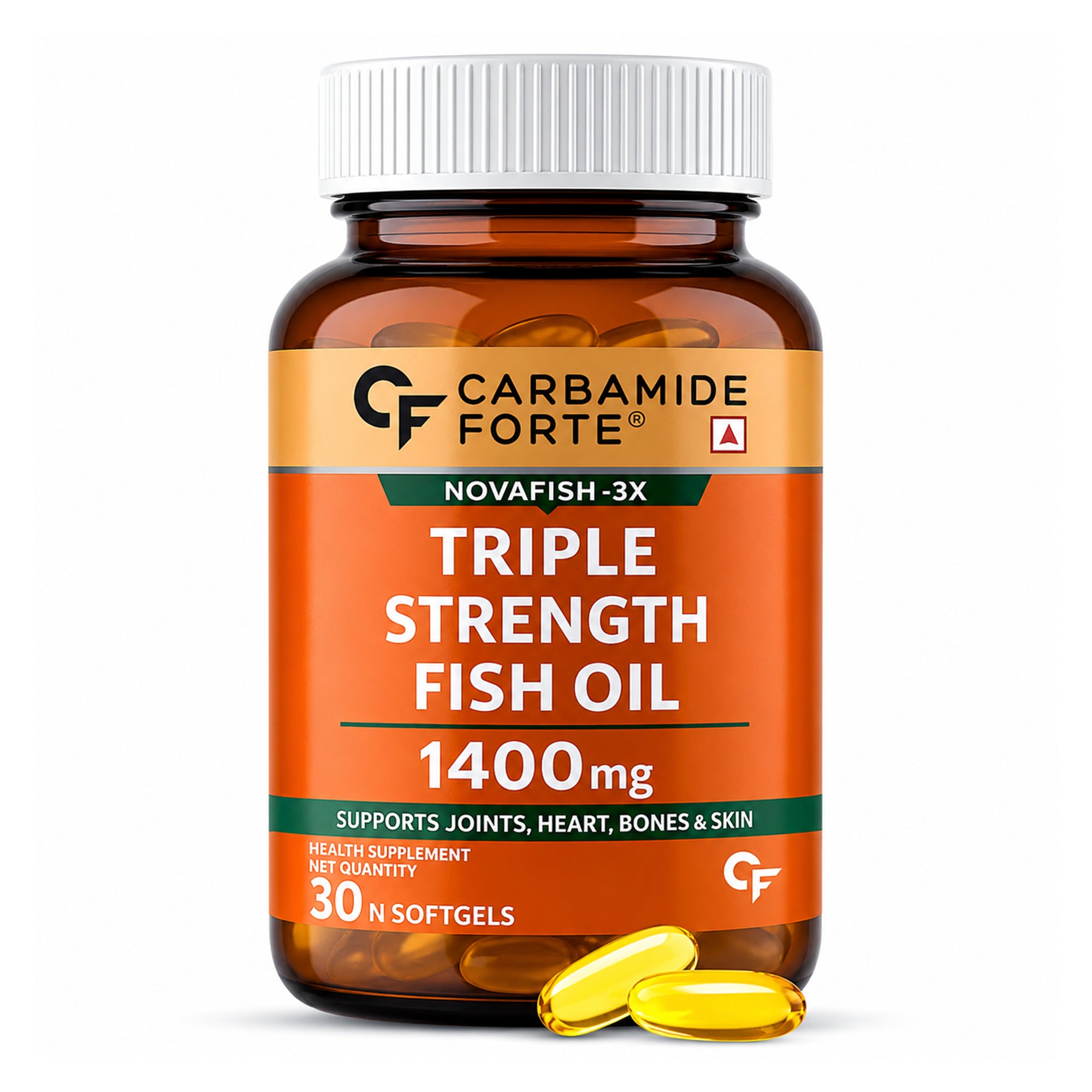 Triple Strength Fish Oil 1400mg with Omega 3 EPA 495mg DHA 330mg, Vitamin D3 & Vitamin E | Heart, Joint & Bone Support | 30 Softgels