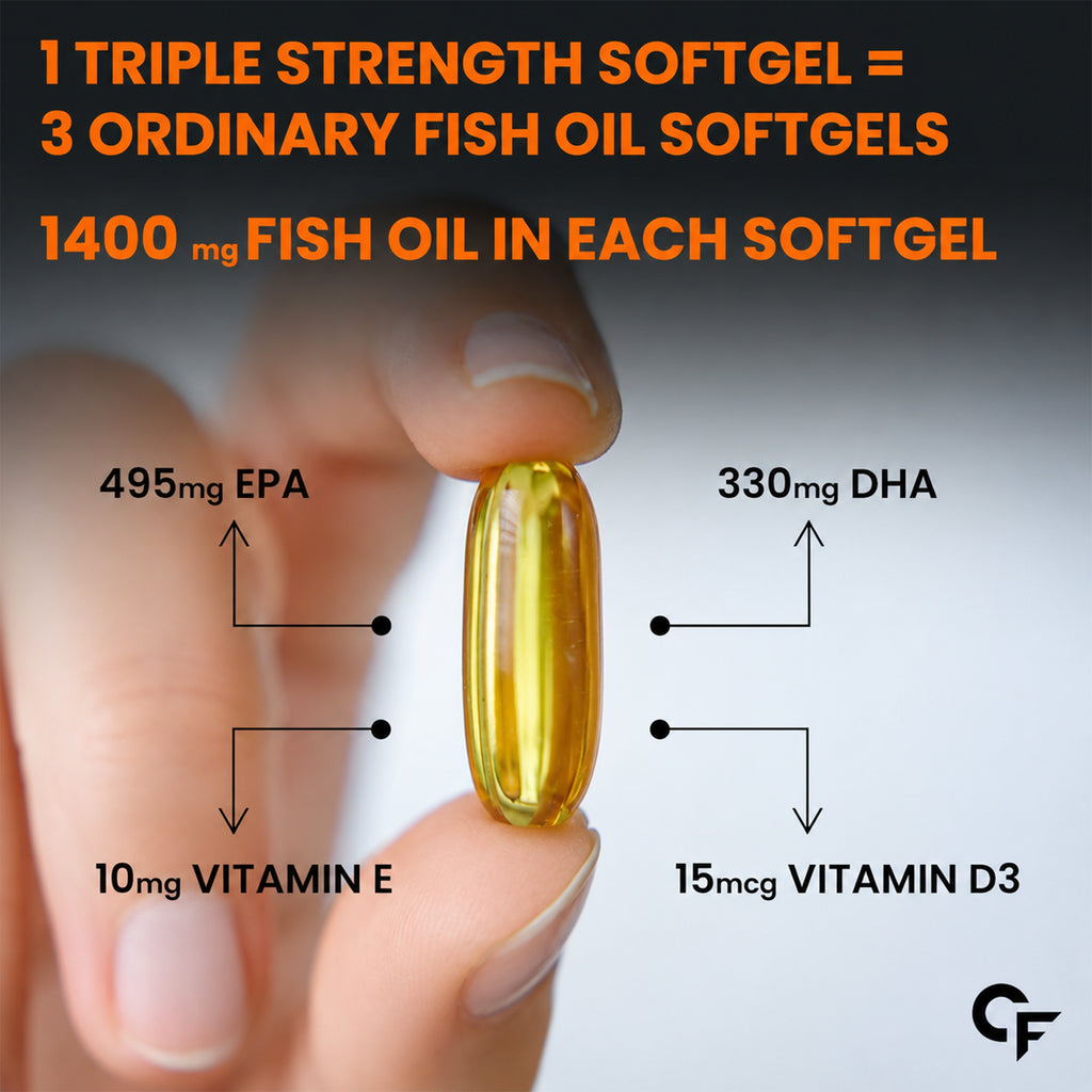 Triple Strength Fish Oil 1400mg with Omega 3 EPA 495mg DHA 330mg, Vitamin D3 & Vitamin E | Heart, Joint & Bone Support | 30 Softgels