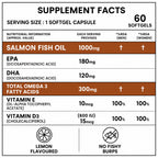 Salmon Fish Oil 1000mg Softgels | 300mg Omega-3 EPA DHA | Vitamin D3 & Vitamin E | Lemon Flavour | No Fishy Burps | 60 Softgels