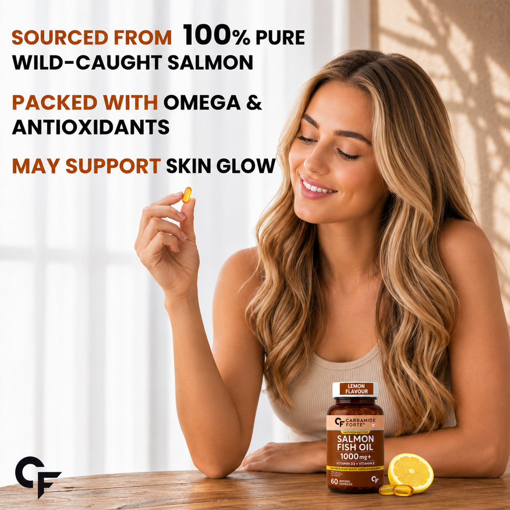Salmon Fish Oil 1000mg Softgels | 300mg Omega-3 EPA DHA | Vitamin D3 & Vitamin E | Lemon Flavour | No Fishy Burps | 60 Softgels