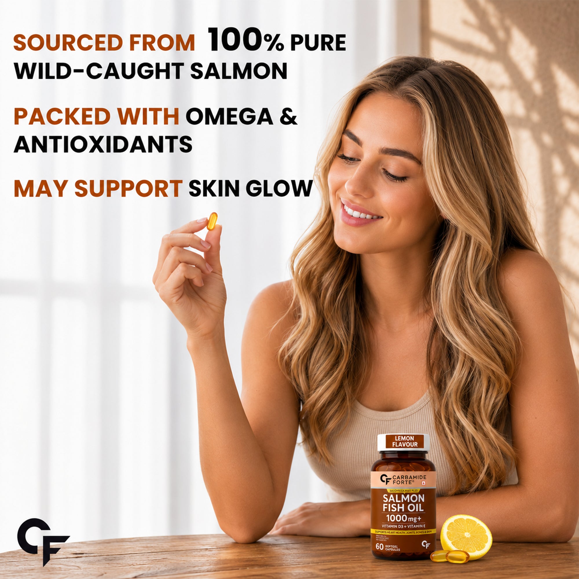 Salmon Fish Oil 1000mg Softgels | 300mg Omega-3 EPA DHA | Vitamin D3 & Vitamin E | Lemon Flavour | No Fishy Burps | 60 Softgels