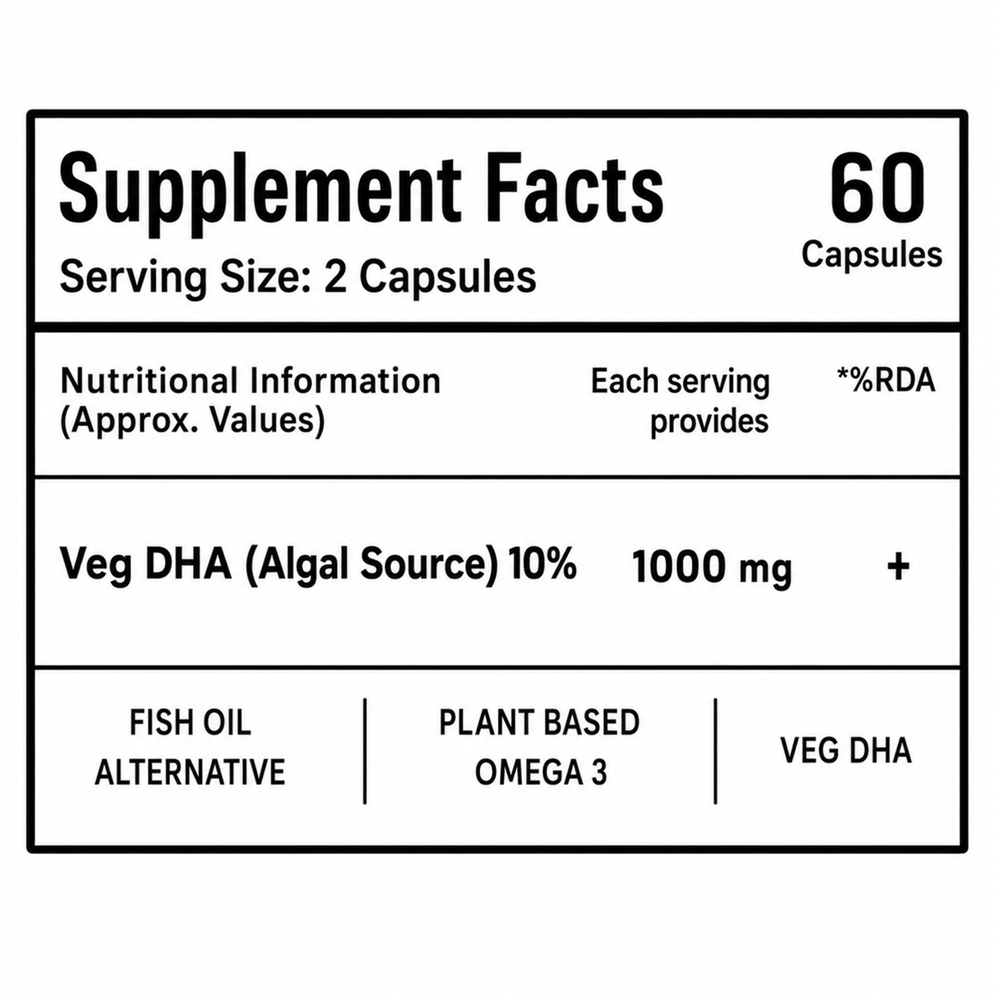 Vegetarian Omega 3 Algal DHA 1000mg Capsules | Plant-Based Fish Oil Alternative for Brain, Heart & Joint Support | Vegan Omega-3 Supplement | 60 Capsules