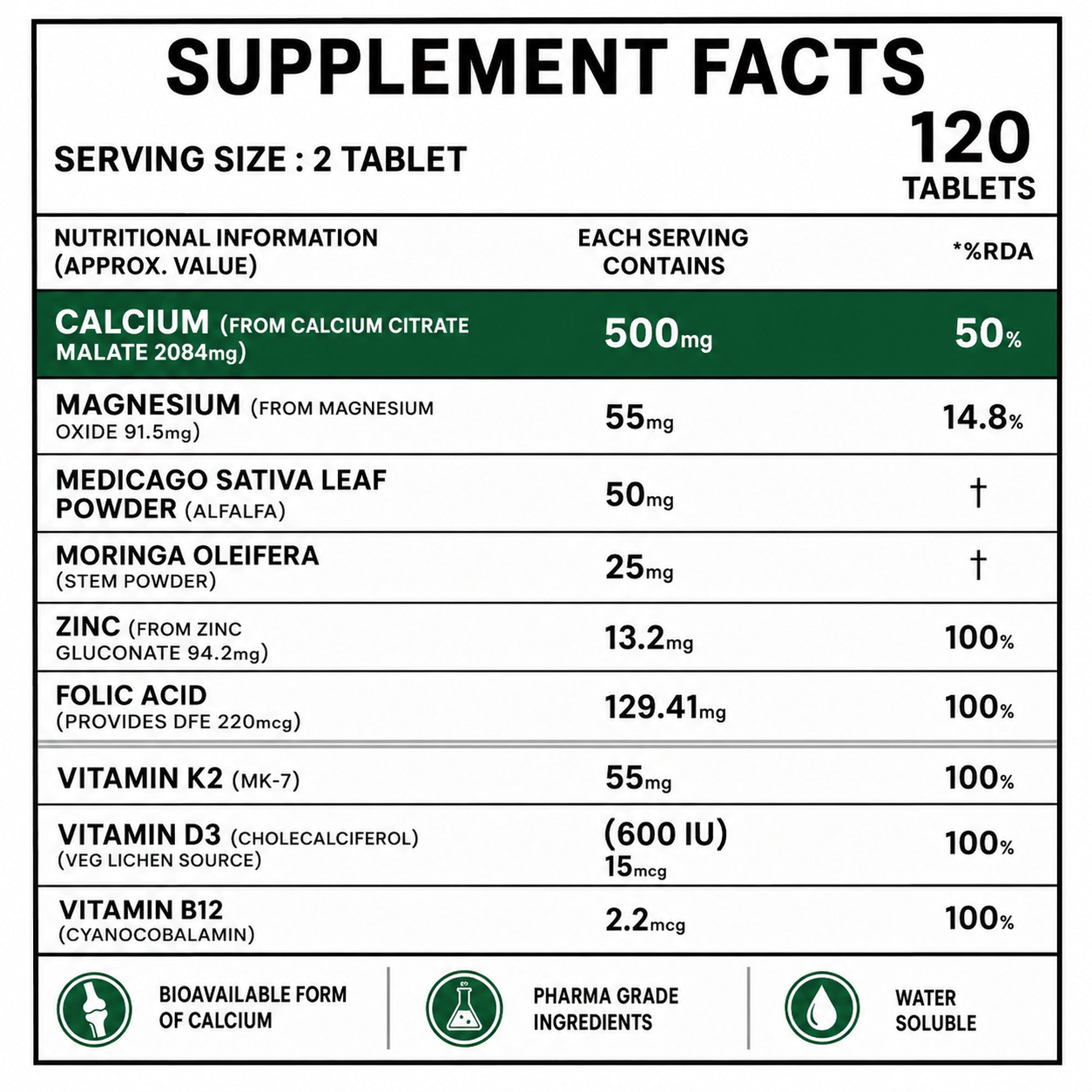 Calcium Magnesium Zinc Tablets with Vitamin D3 & K2 MK-7 – Calcium Citrate Malate for Bone, Joint & Muscle Support – 120 Tablets
