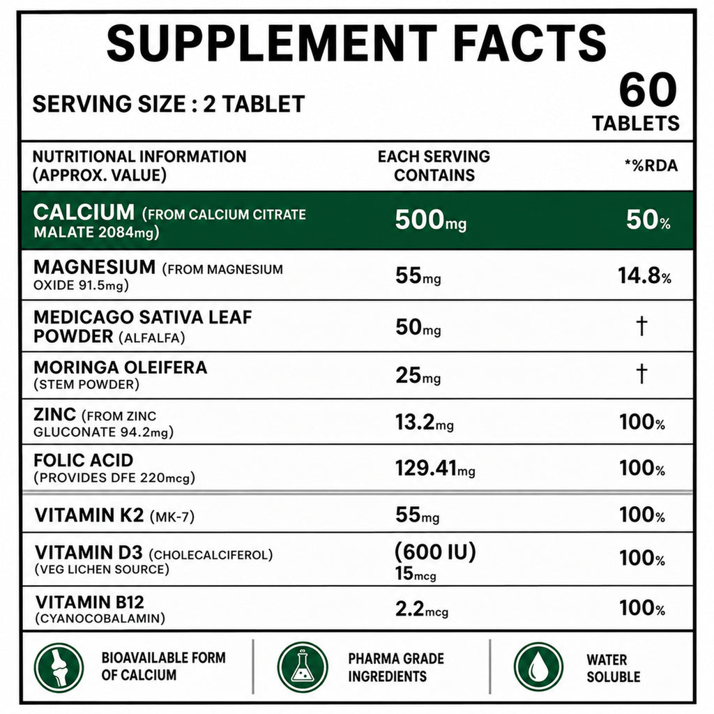 Calcium Magnesium Zinc Tablets with Vitamin D3 & K2 MK-7 – Calcium Citrate Malate for Bone, Joint & Muscle Support – 60 Tablets