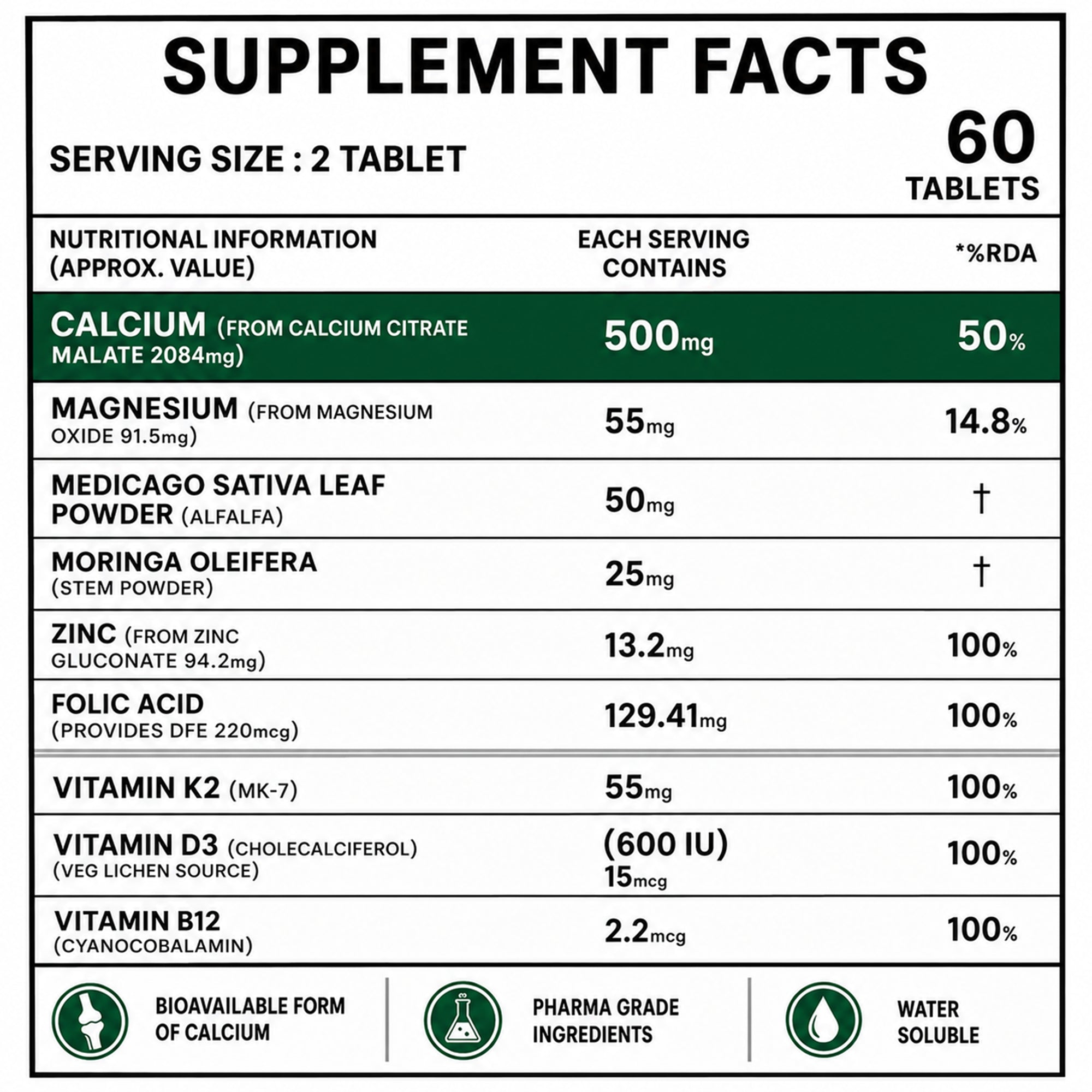 Calcium Magnesium Zinc Tablets with Vitamin D3 & K2 MK-7 – Calcium Citrate Malate for Bone, Joint & Muscle Support – 60 Tablets
