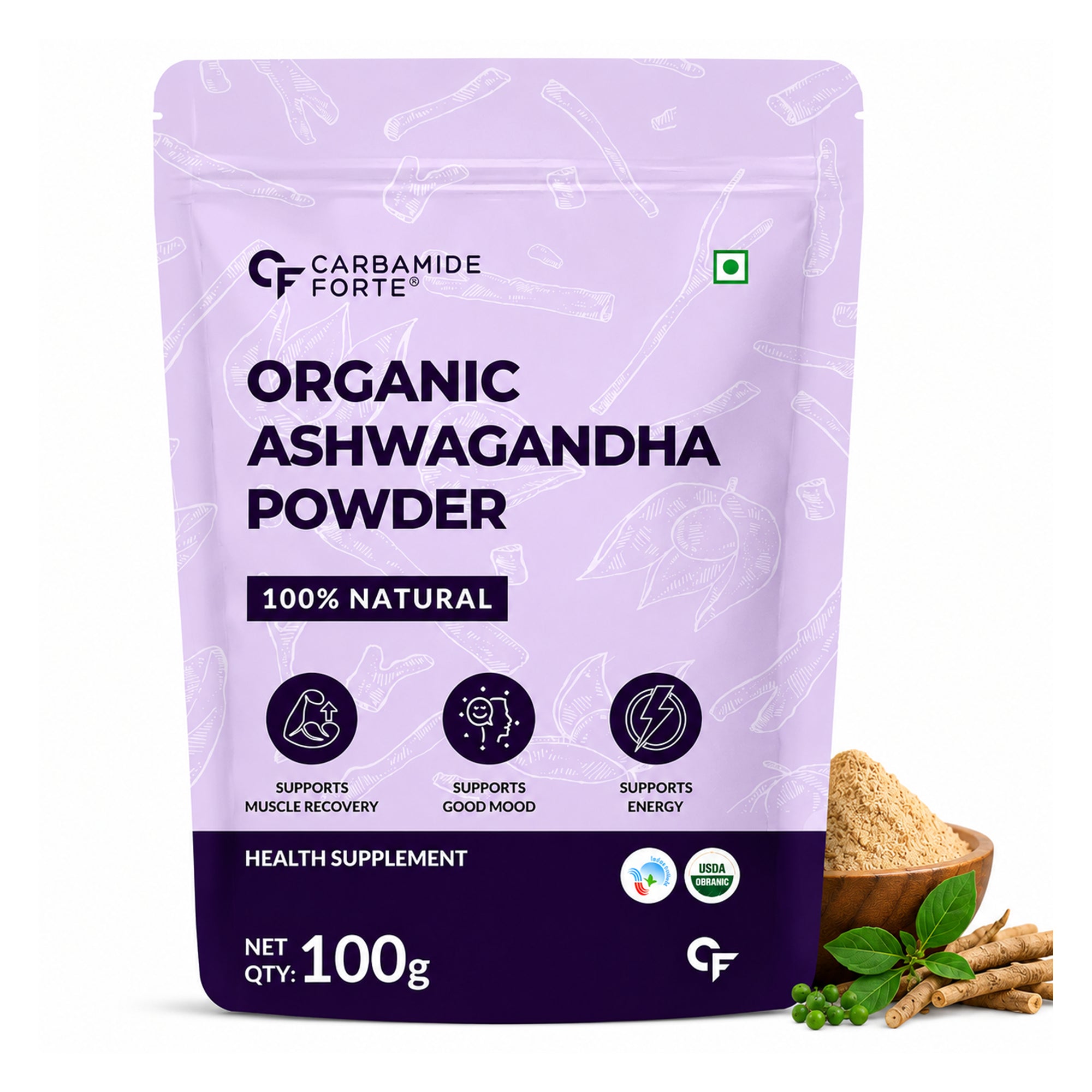 Carbamide Forte Organic Ashwagandha Powder 100g – Pure Ashwagandha Root Churna for Energy, Mood & Muscle Recovery