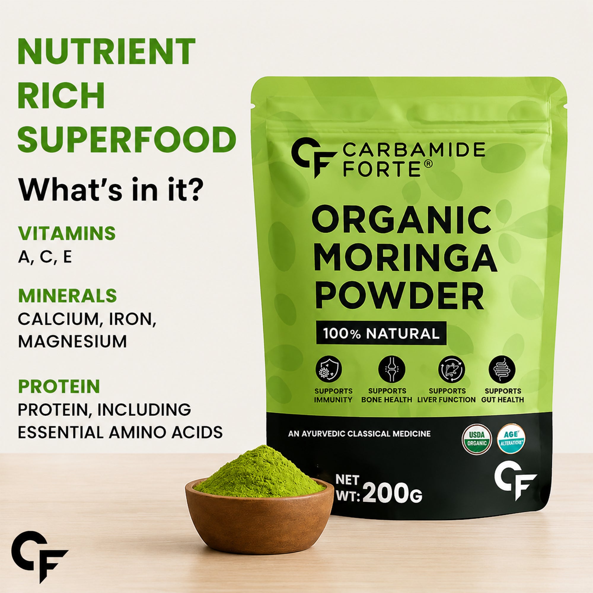 Organic Moringa Powder 200g | USDA Organic Moringa Leaf Powder | Pure Moringa Oleifera Superfood