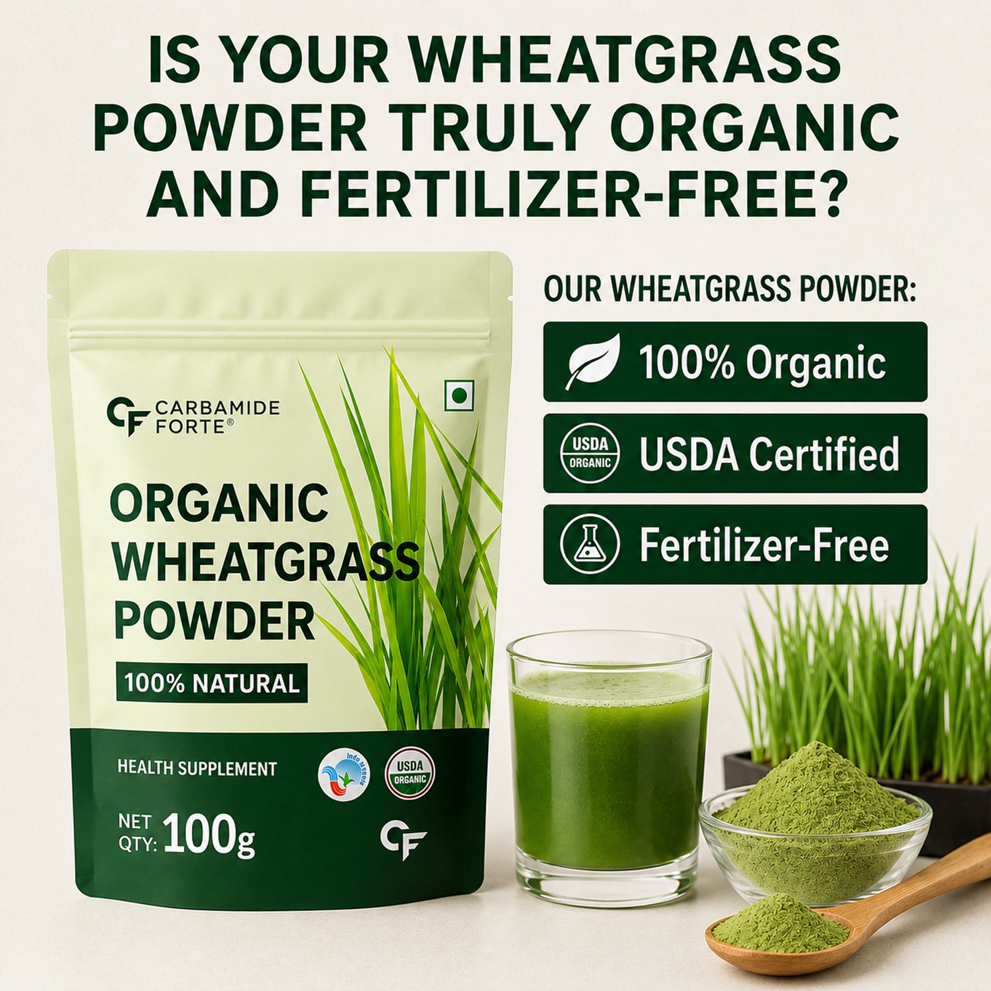 Organic Wheatgrass Powder 100g | USDA Organic Pure Wheatgrass Powder | Green Superfood Supplement