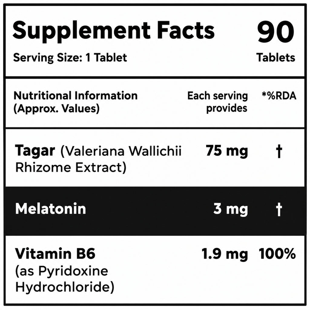 Melatonin 3mg Sleep Support Tablets with Tagar & Vitamin B6 | 90 Vegetarian Tablets for Calmness & Relaxation
