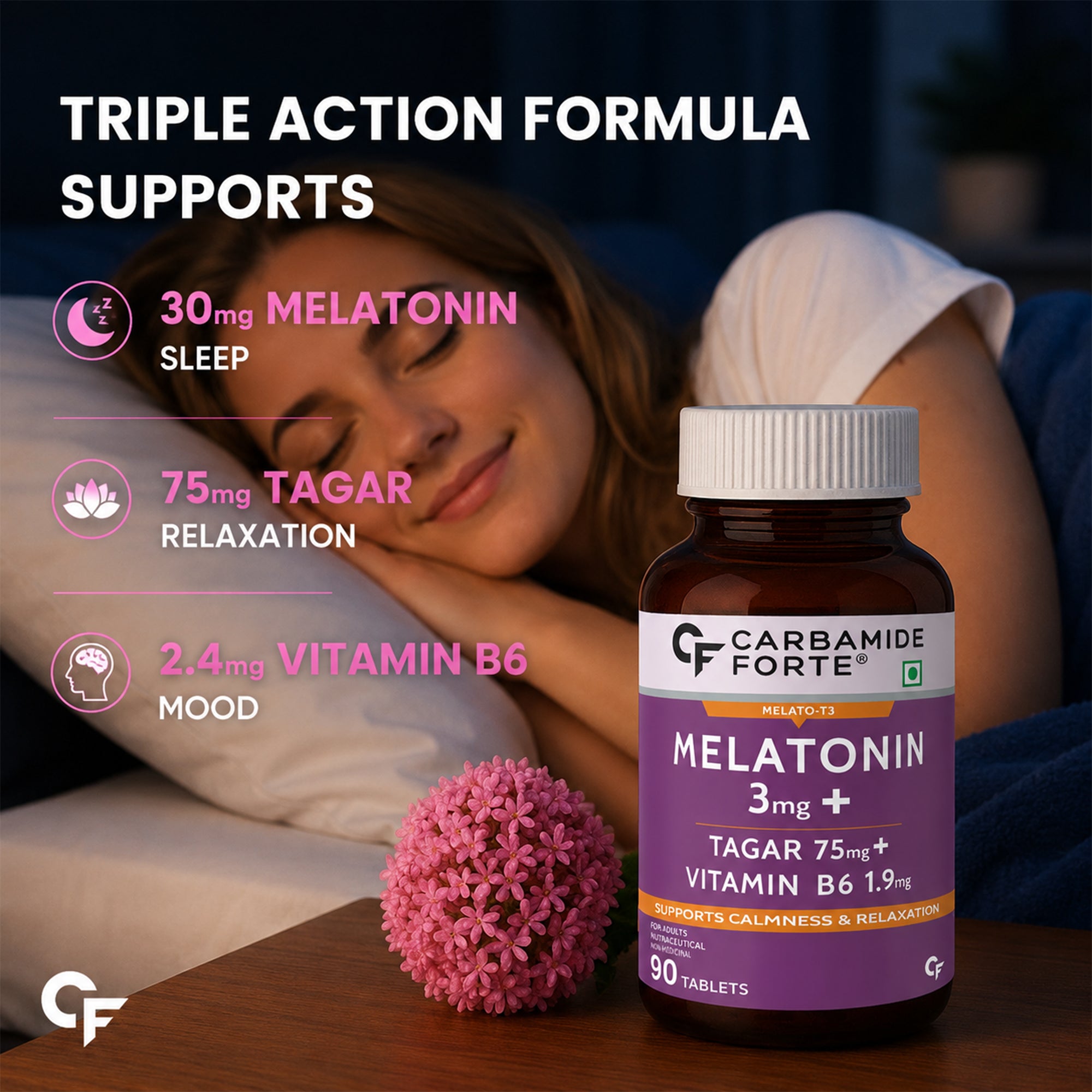 Melatonin 3mg Sleep Support Tablets with Tagar & Vitamin B6 | 90 Vegetarian Tablets for Calmness & Relaxation