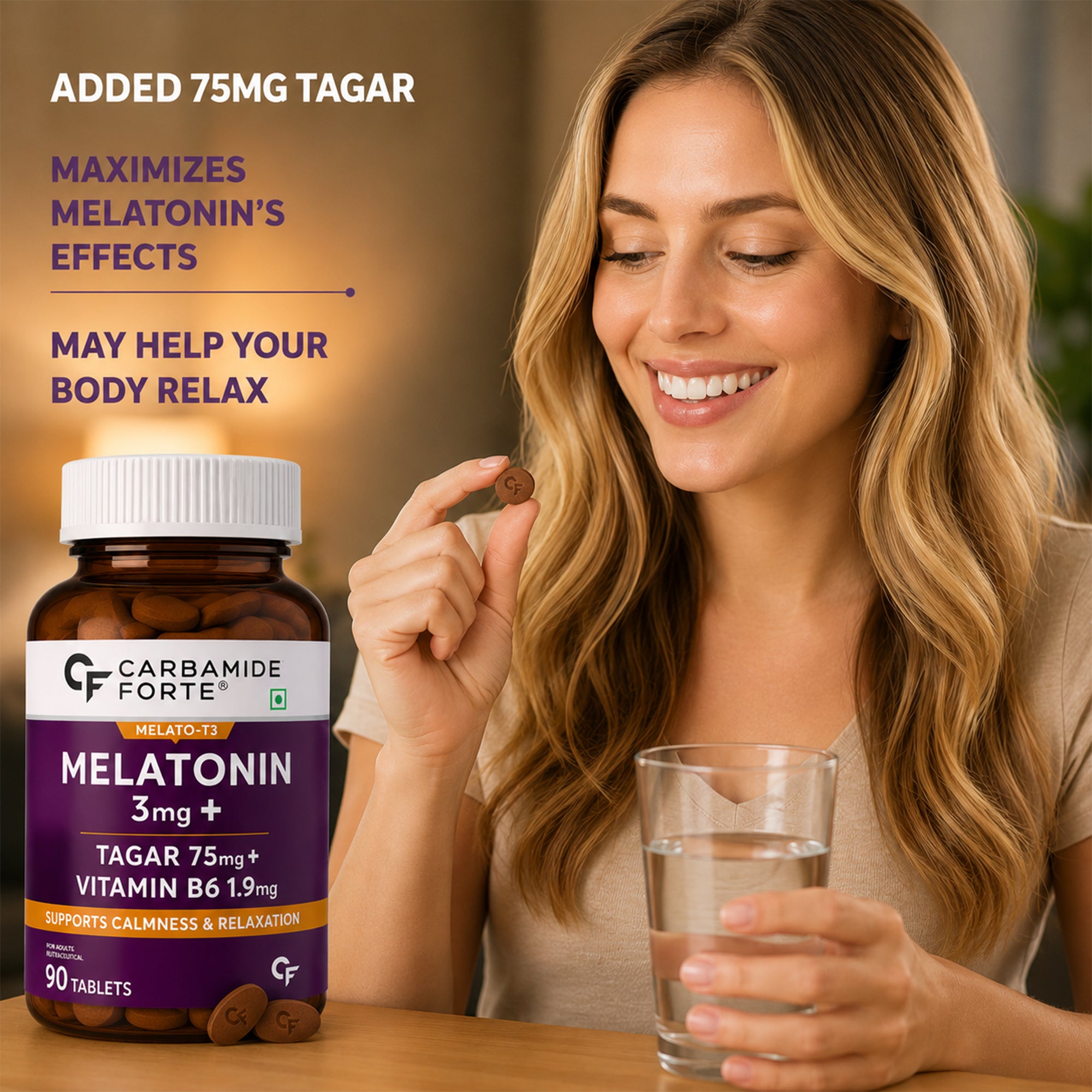 Melatonin 3mg Sleep Support Tablets with Tagar & Vitamin B6 | 90 Vegetarian Tablets for Calmness & Relaxation