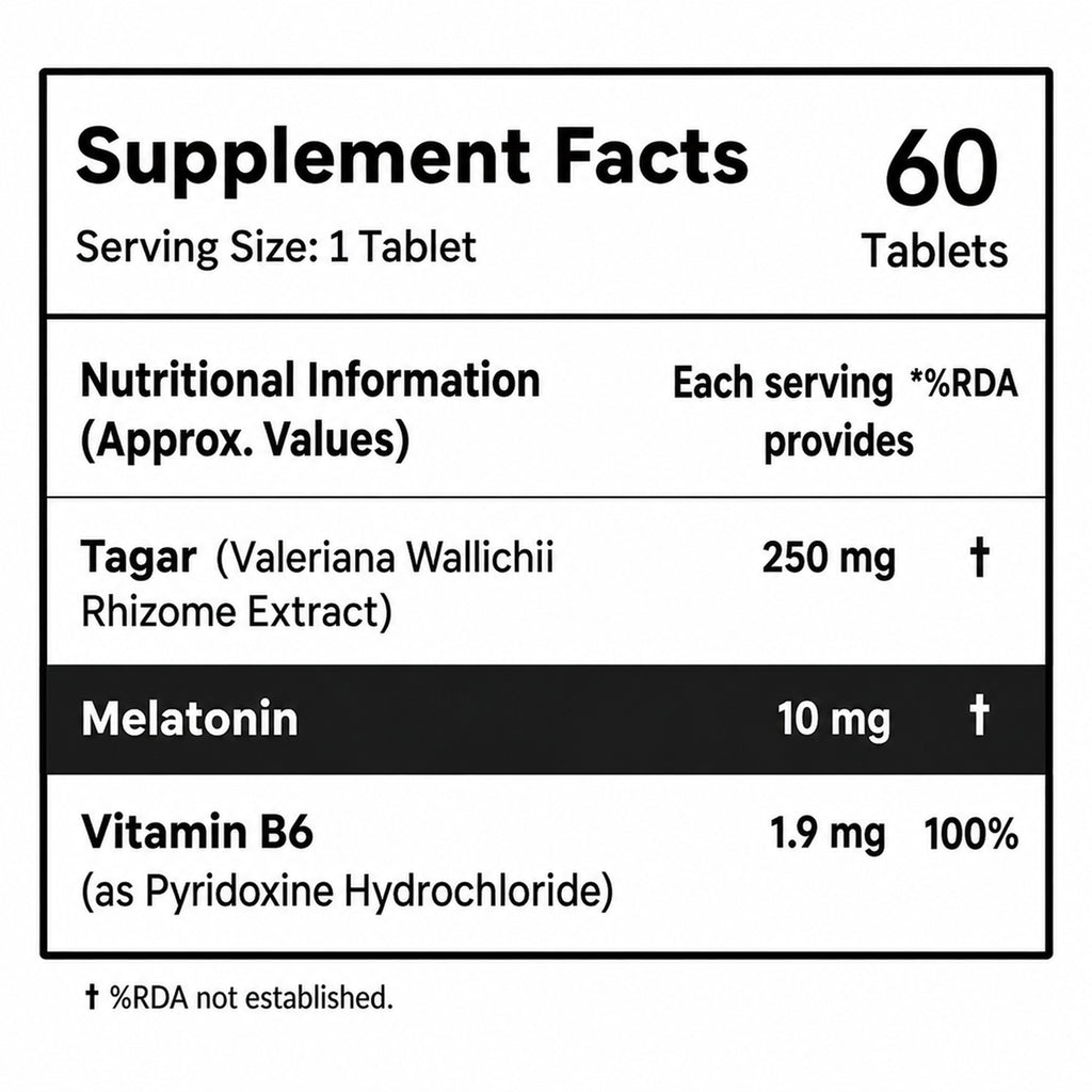 Melatonin 10mg Sleep Support Tablets with Tagar & Vitamin B6 | Calmness & Relaxation | 60 Vegetarian Tablets