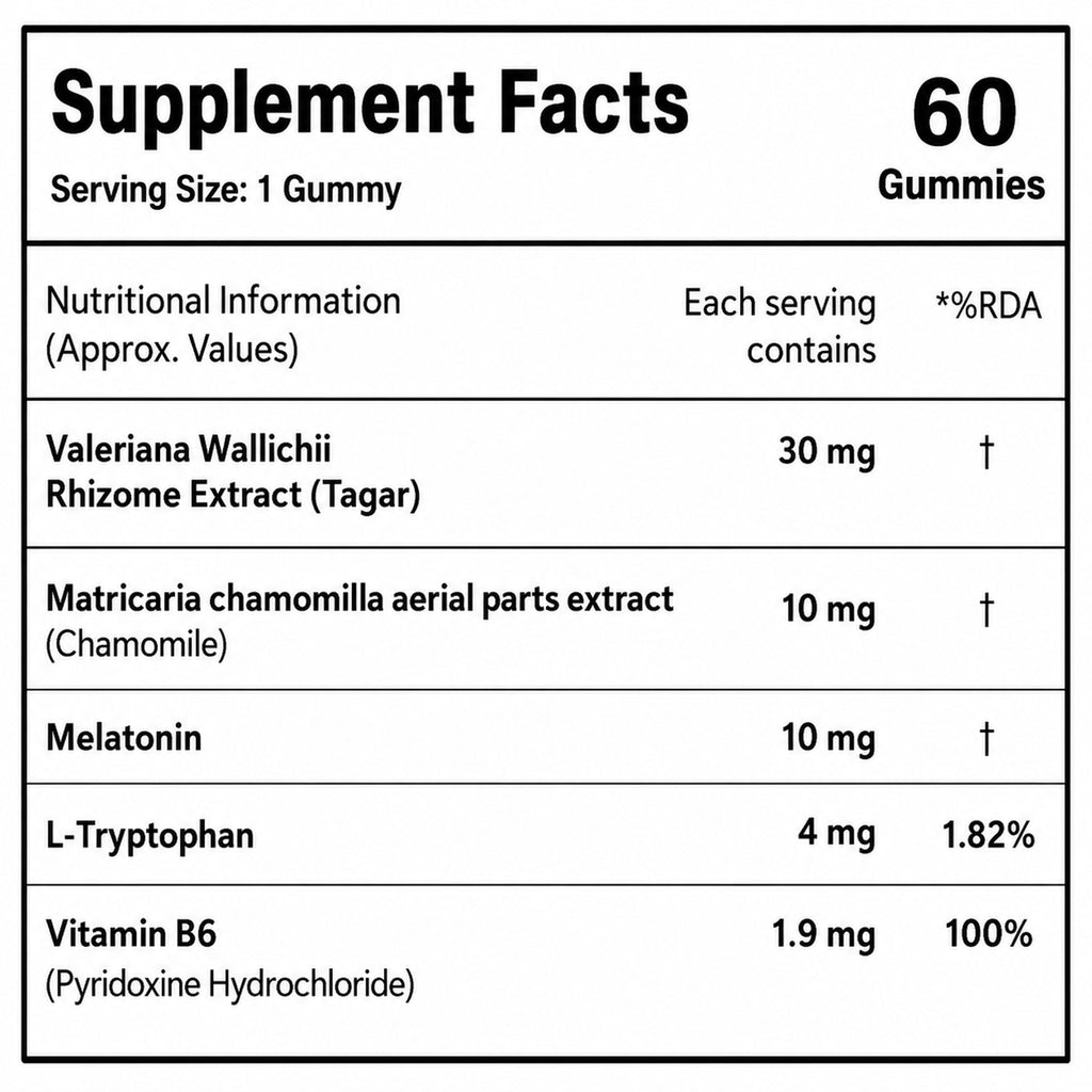 Melatonin 10mg Sleep Gummies with Tagar, Chamomile, L-Tryptophan & Vitamin B6 | No Added Sugar | Strawberry Flavor | Vegetarian | 60 Gummies