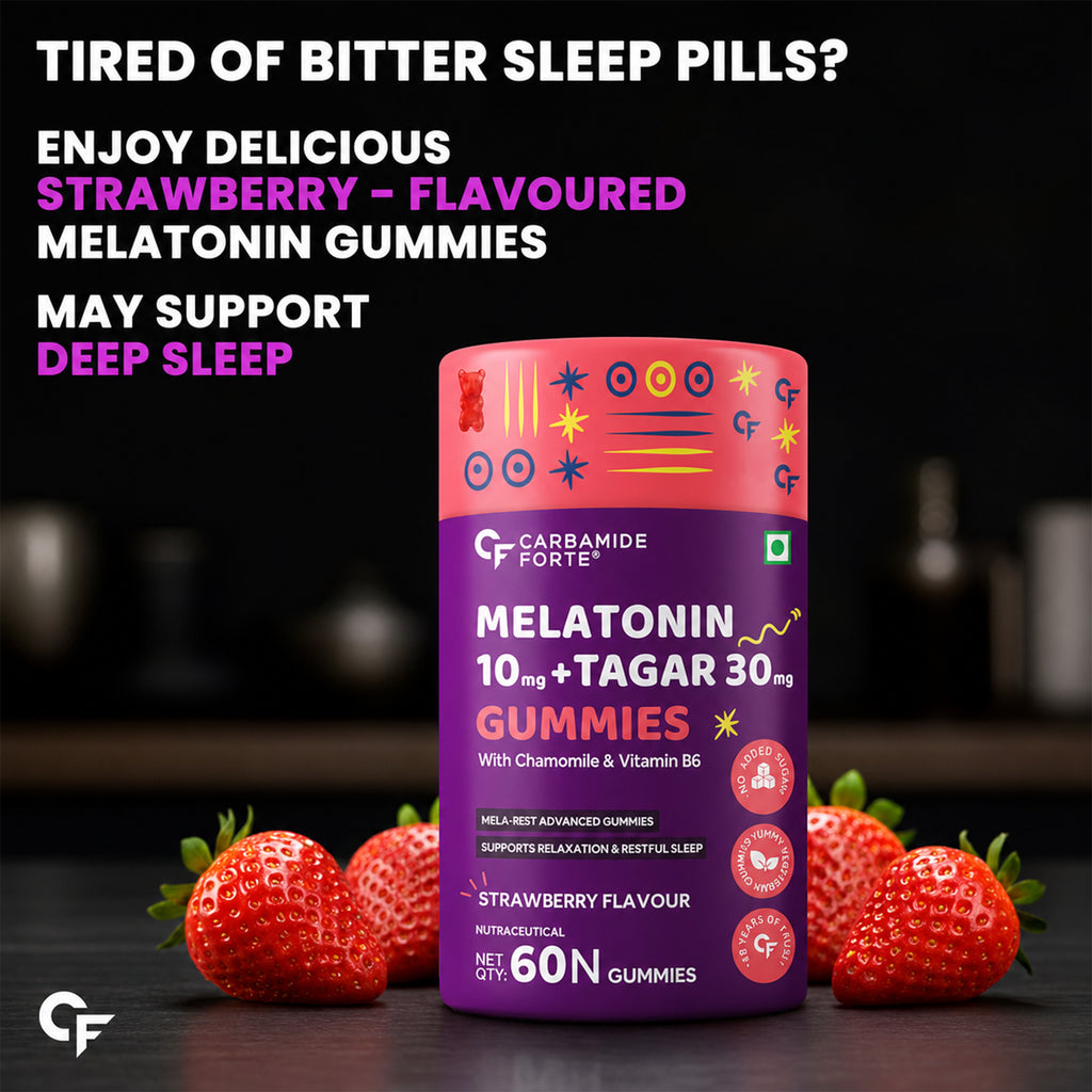 Melatonin 10mg Sleep Gummies with Tagar, Chamomile, L-Tryptophan & Vitamin B6 | No Added Sugar | Strawberry Flavor | Vegetarian | 60 Gummies