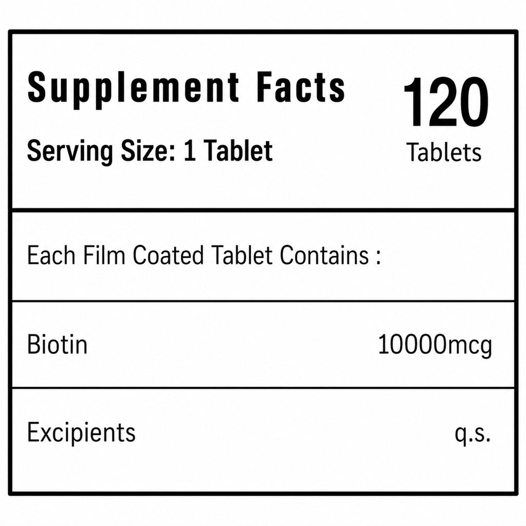Biotin 10,000 mcg Tablets | High Potency Vitamin B7 Supplement | 120 Tablets | Film-Coated | Daily Hair, Skin & Nail Support