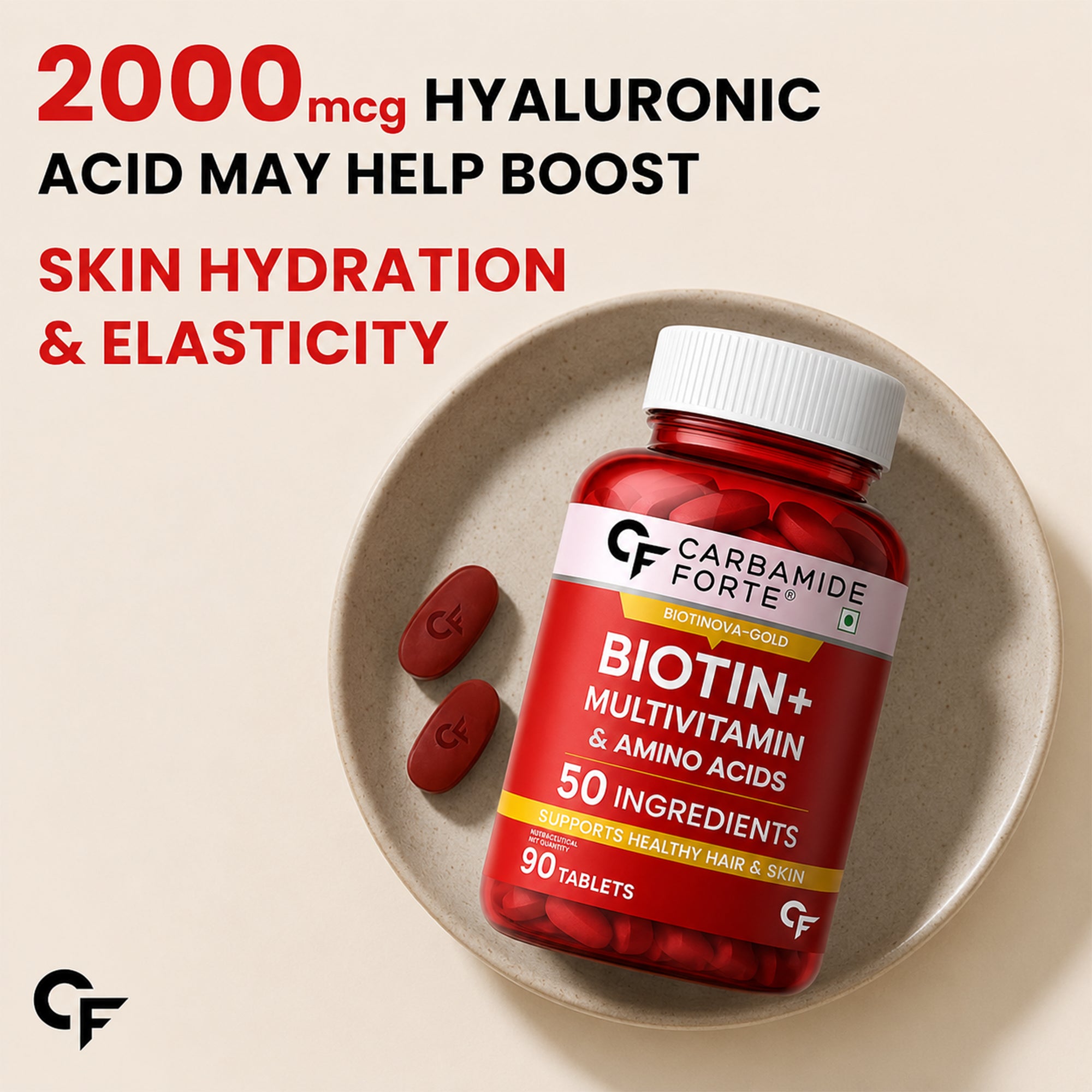 Biotin 50 Active Ingredients Hair & Skin Support Supplement | Multivitamin, Amino Acids, Hyaluronic Acid & Zinc | 90 Tablets