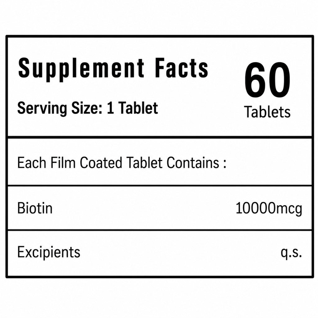 Biotin 10,000 mcg Tablets | High Potency Vitamin B7 Supplement | 60 Tablets | Film-Coated | Daily Hair, Skin & Nail Support