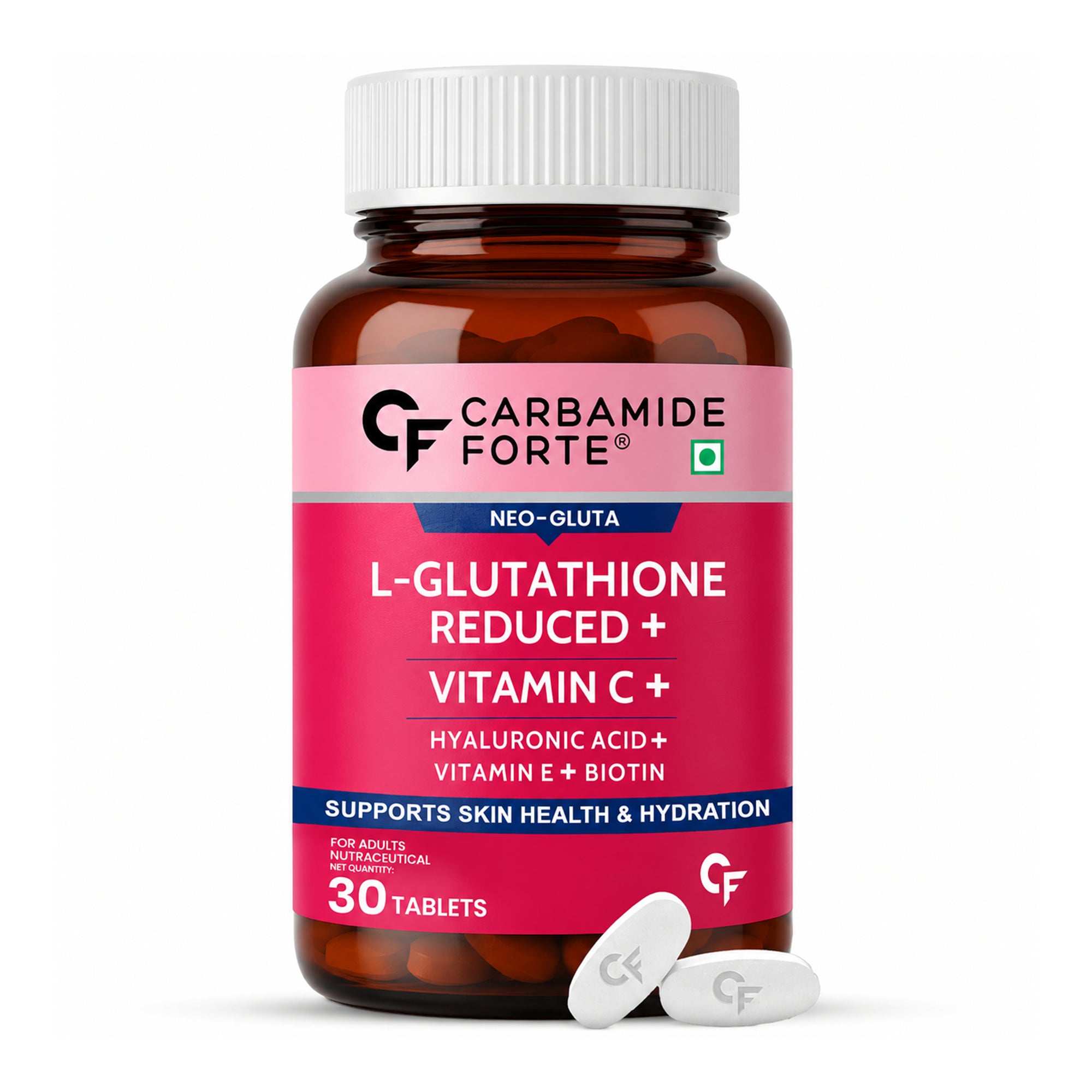 L-Glutathione 500mg with Hyaluronic Acid, Vitamin C, Biotin, Vitamin E, Astaxanthin & Lycopene | Skin Health, Hydration & Antioxidant Support | 30 Vegetarian Tablets