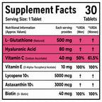 L-Glutathione 500mg with Hyaluronic Acid, Vitamin C, Biotin, Vitamin E, Astaxanthin & Lycopene | Skin Health, Hydration & Antioxidant Support | 30 Vegetarian Tablets